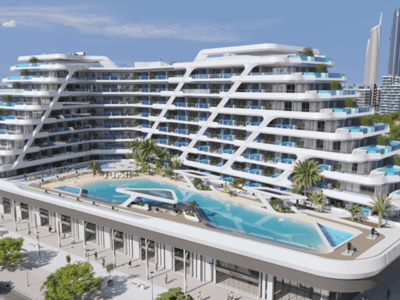 Отель Samana Mykonos Signature Hotel — это современное многоэтажное здание белого цвета с изогнутыми балконами и бассейном в курортном стиле, расположенным на верхней террасе, в окружении пальм и шезлонгов, на фоне высоких небоскребов.