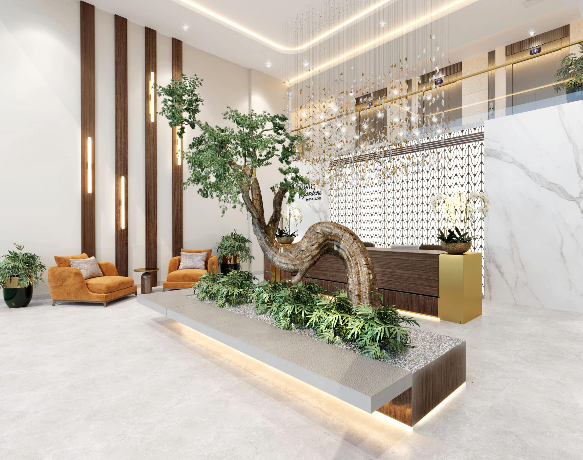 לובי מודרני ב-Prime Gardens, עם עץ פיסולי במרכזו, צמחייה ירוקה, דוגמאות גיאומטריות על דלפק הקבלה, נגיעות זהב ושיש, חיפוי עץ וכורסאות טרקלין בצבע צהוב חרדל. המקום מואר ומאוורר, עם עיצוב אלגנטי ועכשווי. לובי מודרני ב-Prime Gardens, עם עץ פיסולי במרכזו, צמחייה ירוקה, דוגמאות גיאומטריות על דלפק הקבלה, נגיעות זהב ושיש, חיפוי עץ וכורסאות טרקלין בצבע צהוב חרדל. המקום מואר ומאוורר, עם עיצוב אלגנטי ועכשווי.