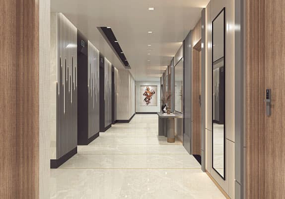המסדרון המודרני והמואר ב-Prime Residency 3 כולל רצפות שיש מלוטשות, אלמנטים מעץ, מראות גדולות, מעליות משמאל ושולחן דקורטיבי עם יצירות אמנות בקצהו הרחוק. המסדרון המודרני והמואר ב-Prime Residency 3 כולל רצפות שיש מלוטשות, אלמנטים מעץ, מראות גדולות, מעליות משמאל ושולחן דקורטיבי עם יצירות אמנות בקצהו הרחוק.