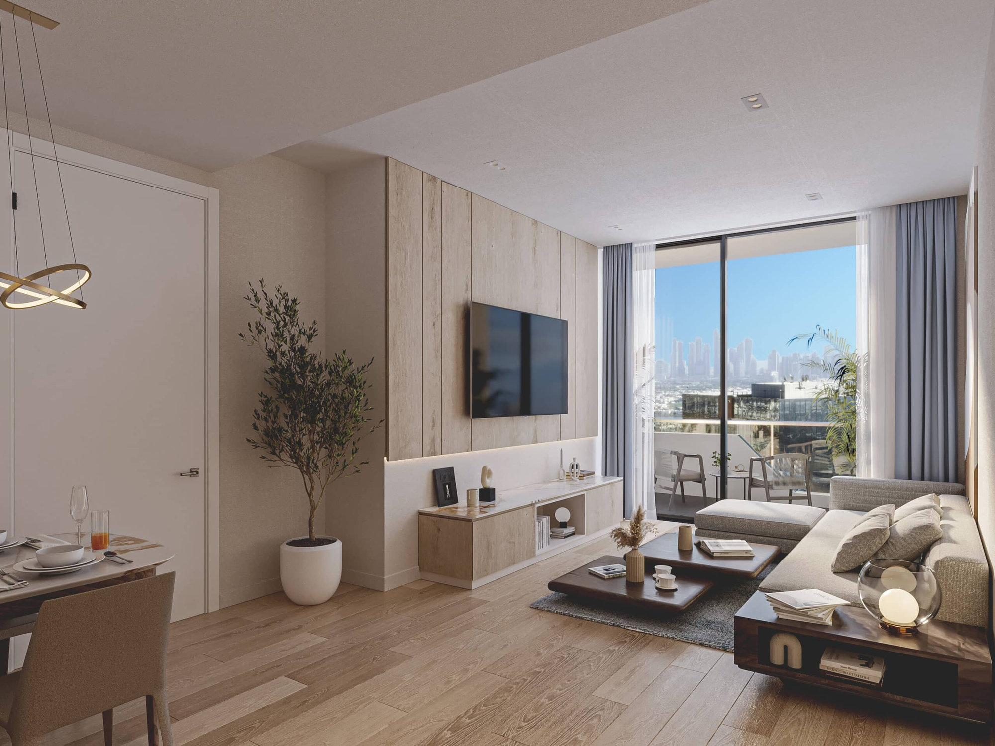 סלון מודרני ב-The Orchard Place עם ריצוף עץ בהיר, קירות בצבע בז’, טלוויזיה המותקנת על הקיר וספה מודולרית אפורה. דלתות זכוכית גדולות מובילות למרפסת עם נוף לקו הרקיע של העיר. פינת אוכל עם שולחן וכסאות משמאל. סלון מודרני ב-The Orchard Place עם ריצוף עץ בהיר, קירות בצבע בז', טלוויזיה המותקנת על הקיר וספה מודולרית אפורה. דלתות זכוכית גדולות מובילות למרפסת עם נוף לקו הרקיע של העיר. פינת אוכל עם שולחן וכסאות משמאל.