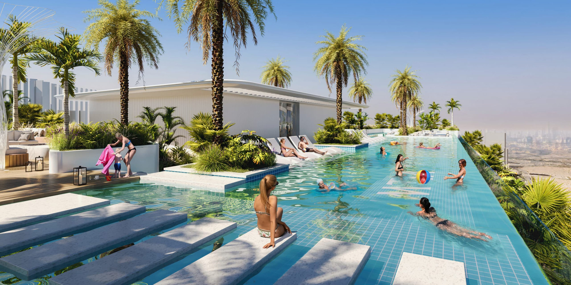 בריכת אינסוף על הגג במתחם IMTIAZ COVE, שבה אנשים נרגעים, שוחים ומשתזפים על מיטות שיזוף בין עצי דקל וצמחייה עבותה, מול קו הרקיע המרהיב של העיר תחת שמיים כחולים וצלולים. בריכת אינסוף על הגג במתחם IMTIAZ COVE, שבה אנשים נרגעים, שוחים ומשתזפים על מיטות שיזוף בין עצי דקל וצמחייה עבותה, מול קו הרקיע המרהיב של העיר תחת שמיים כחולים וצלולים.