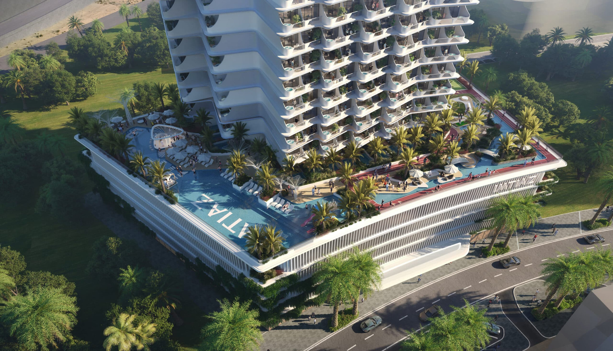 מבט אווירי על IMTIAZ COVE, מגדל מודרני עם מרפסות גליות, מתחם בריכה חיצוני גדול המוקף בעצי דקל וכסאות נוח, שבו אנשים נרגעים בין צמחייה עבותה וכביש מעוקל. מבט אווירי על IMTIAZ COVE, מגדל מודרני עם מרפסות גליות, מתחם בריכה חיצוני גדול המוקף בעצי דקל וכסאות נוח, שבו אנשים נרגעים בין צמחייה עבותה וכביש מעוקל.