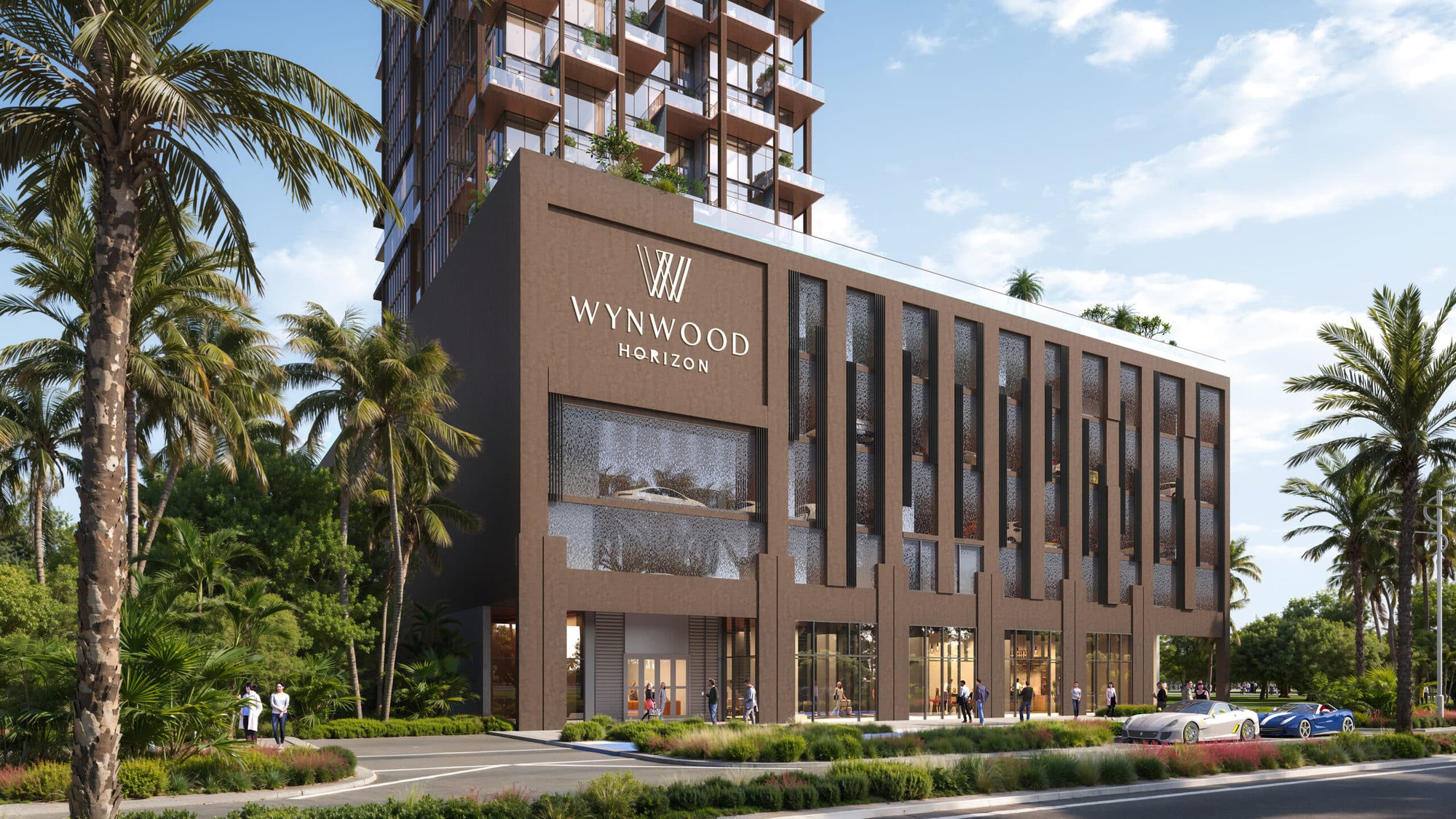 בניין רב-קומתי מודרני בשם WYNWOOD HORIZON, מוקף בעצי דקל, כשסביבו אנשים מטיילים ומכוניות חונות מולו ביום שטוף שמש. בניין רב-קומתי מודרני בשם WYNWOOD HORIZON, מוקף בעצי דקל, כשסביבו אנשים מטיילים ומכוניות חונות מולו ביום שטוף שמש.