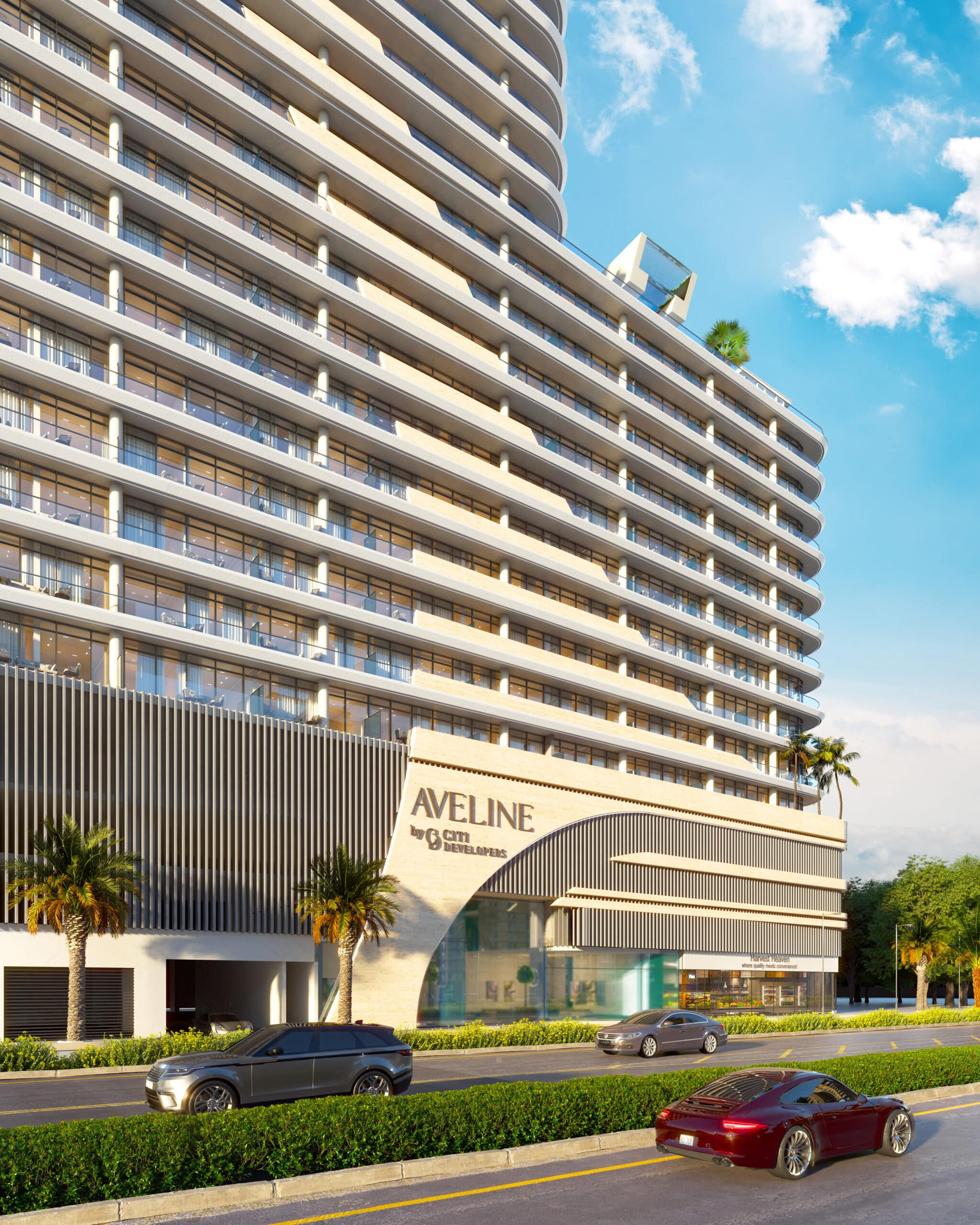 בניין רב-קומות מודרני עם מרפסות מעוגלות, הנושא את השם “AVELINE by GM LUXE LIVING”, עצי דקל בכניסה, ומספר מכוניות החונות או נוסעות מולו תחת שמיים כחולים. בניין רב-קומות מודרני עם מרפסות מעוגלות, הנושא את השם "AVELINE by GM LUXE LIVING", עצי דקל בכניסה, ומספר מכוניות החונות או נוסעות מולו תחת שמיים כחולים.