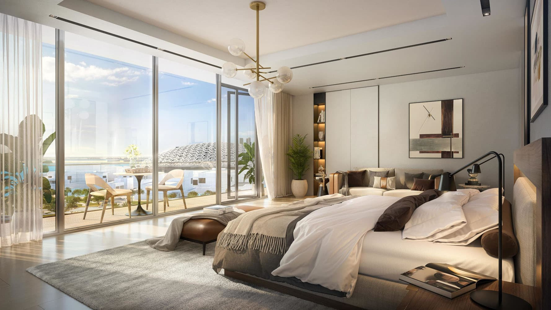 חדר שינה מודרני ומואר באור שמש במתחם Louvre Residences Abu Dhabi, הכולל מיטה גדולה, מצעים נעימים ועיצוב מסוגנן. חלונות מהרצפה עד התקרה נפתחים אל מרפסת עם פינת ישיבה ונוף לים. צמחים מקורה ותאורה חמימה יוצרים אווירה מרגיעה. חדר שינה מודרני ומואר באור שמש במתחם Louvre Residences Abu Dhabi, הכולל מיטה גדולה, מצעים נעימים ועיצוב מסוגנן. חלונות מהרצפה עד התקרה נפתחים אל מרפסת עם פינת ישיבה ונוף לים. צמחים מקורה ותאורה חמימה יוצרים אווירה מרגיעה.