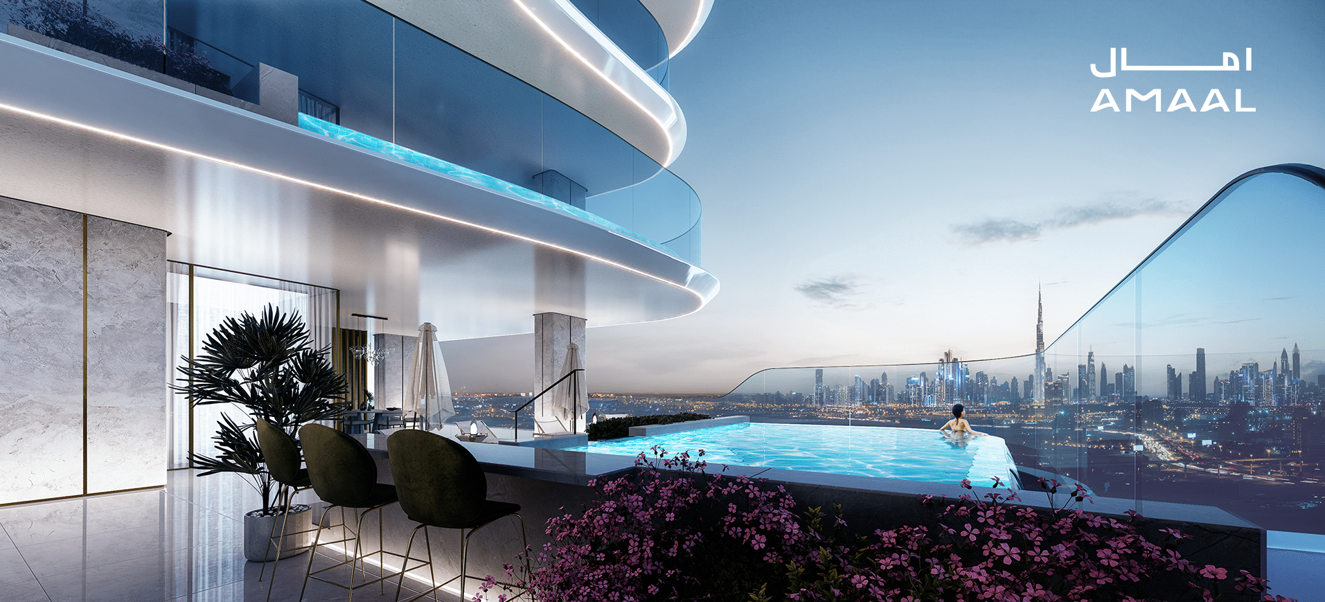 המרפסת המודרנית והיוקרתית ב-MANSORY RESIDENCE כוללת בריכת זכוכית המשקיפה על קו הרקיע של העיר בשעת בין ערביים. אדם אחד מתרווח בבריכה, כשסביבו צמחייה, פרחים ופינות ישיבה אלגנטיות. הכיתוב “AMAAL” מופיע באנגלית ובערבית בשמיים. המרפסת המודרנית והיוקרתית ב-MANSORY RESIDENCE כוללת בריכת זכוכית המשקיפה על קו הרקיע של העיר בשעת בין ערביים. אדם אחד מתרווח בבריכה, כשסביבו צמחייה, פרחים ופינות ישיבה אלגנטיות. הכיתוב "AMAAL" מופיע באנגלית ובערבית בשמיים.