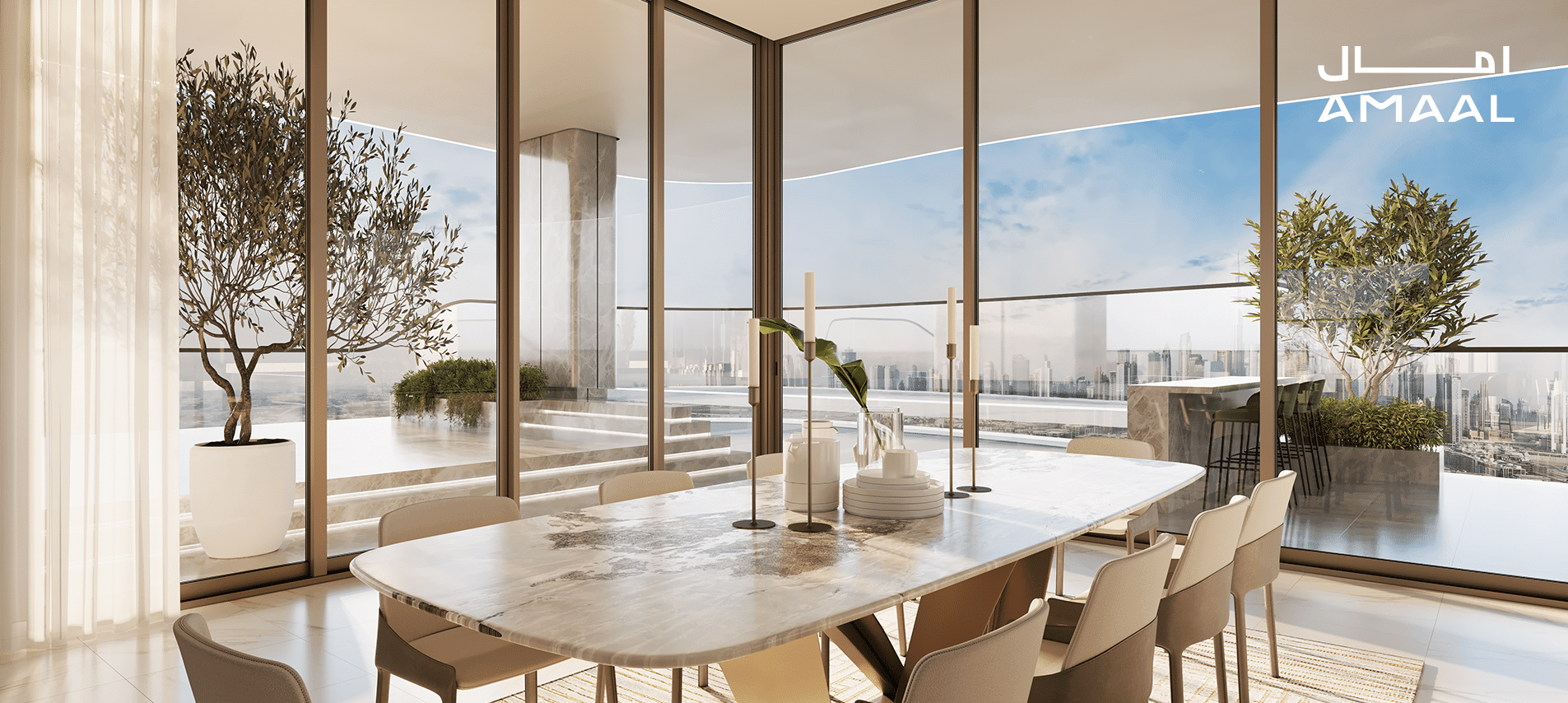 פינת האוכל המודרנית ב-MANSORY RESIDENCE כוללת שולחן שיש, כיסאות לבנים, חלונות גדולים, עציצים ונוף של קו הרקיע העירוני. המילה AMAAL מופיעה באנגלית ובערבית בפינה הימנית העליונה. פינת האוכל המודרנית ב-MANSORY RESIDENCE כוללת שולחן שיש, כיסאות לבנים, חלונות גדולים, עציצים ונוף של קו הרקיע העירוני. המילה AMAAL מופיעה באנגלית ובערבית בפינה הימנית העליונה.
