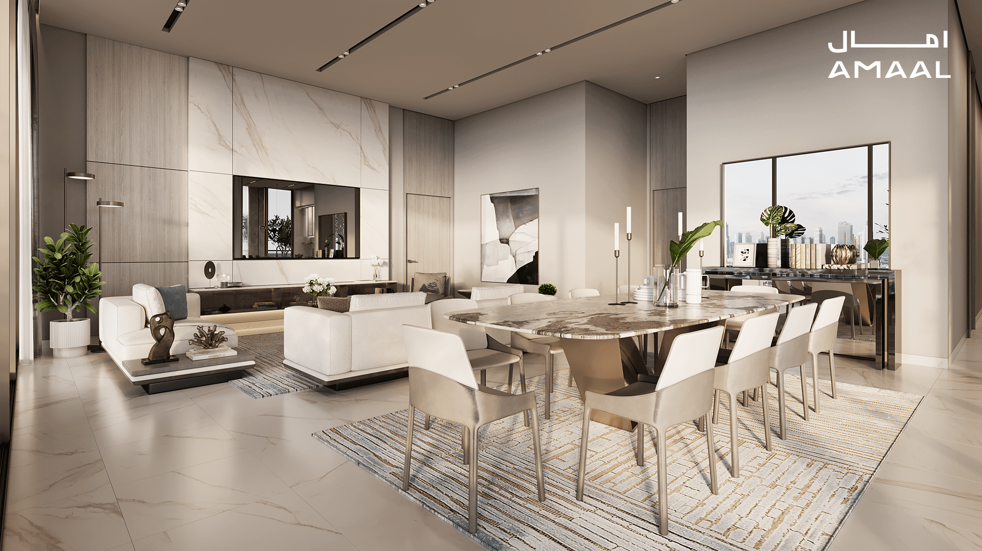 סלון ופינת אוכל מודרניים ואלגנטיים בסגנון RESIDENCE, בגוונים ניטרליים, עם קירות שיש, חלונות גדולים, שולחן אוכל מעוצב עם כיסאות, ספות עכשוויות, צמחים מקורה ואלמנטים דקורטיביים; לוגו AMAAL בפינה הימנית העליונה. סלון ופינת אוכל מודרניים ואלגנטיים בסגנון RESIDENCE, בגוונים ניטרליים, עם קירות שיש, חלונות גדולים, שולחן אוכל מעוצב עם כיסאות, ספות עכשוויות, צמחים מקורה ואלמנטים דקורטיביים; לוגו AMAAL בפינה הימנית העליונה.