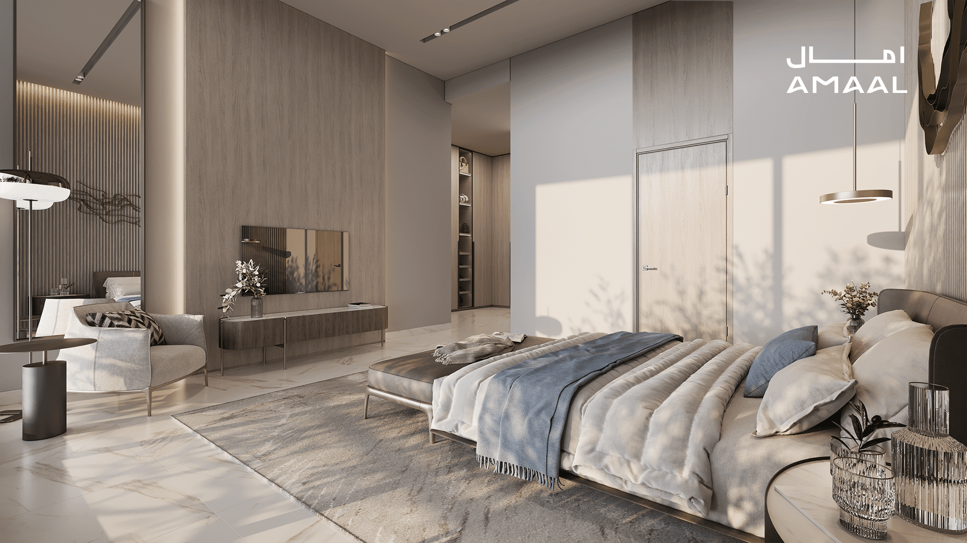 חדר שינה מודרני ומרווח ב-MANSORY RESIDENCE, המעוצב בגוונים ניטרליים, עם מיטה גדולה, פינת ישיבה נעימה, טלוויזיה המותקנת על הקיר וחלונות מהרצפה עד התקרה המציפים את הדירה היוקרתית באור טבעי. לוגו AMAAL מופיע בפינה הימנית העליונה. חדר שינה מודרני ומרווח ב-MANSORY RESIDENCE, המעוצב בגוונים ניטרליים, עם מיטה גדולה, פינת ישיבה נעימה, טלוויזיה המותקנת על הקיר וחלונות מהרצפה עד התקרה המציפים את הדירה היוקרתית באור טבעי. לוגו AMAAL מופיע בפינה הימנית העליונה.