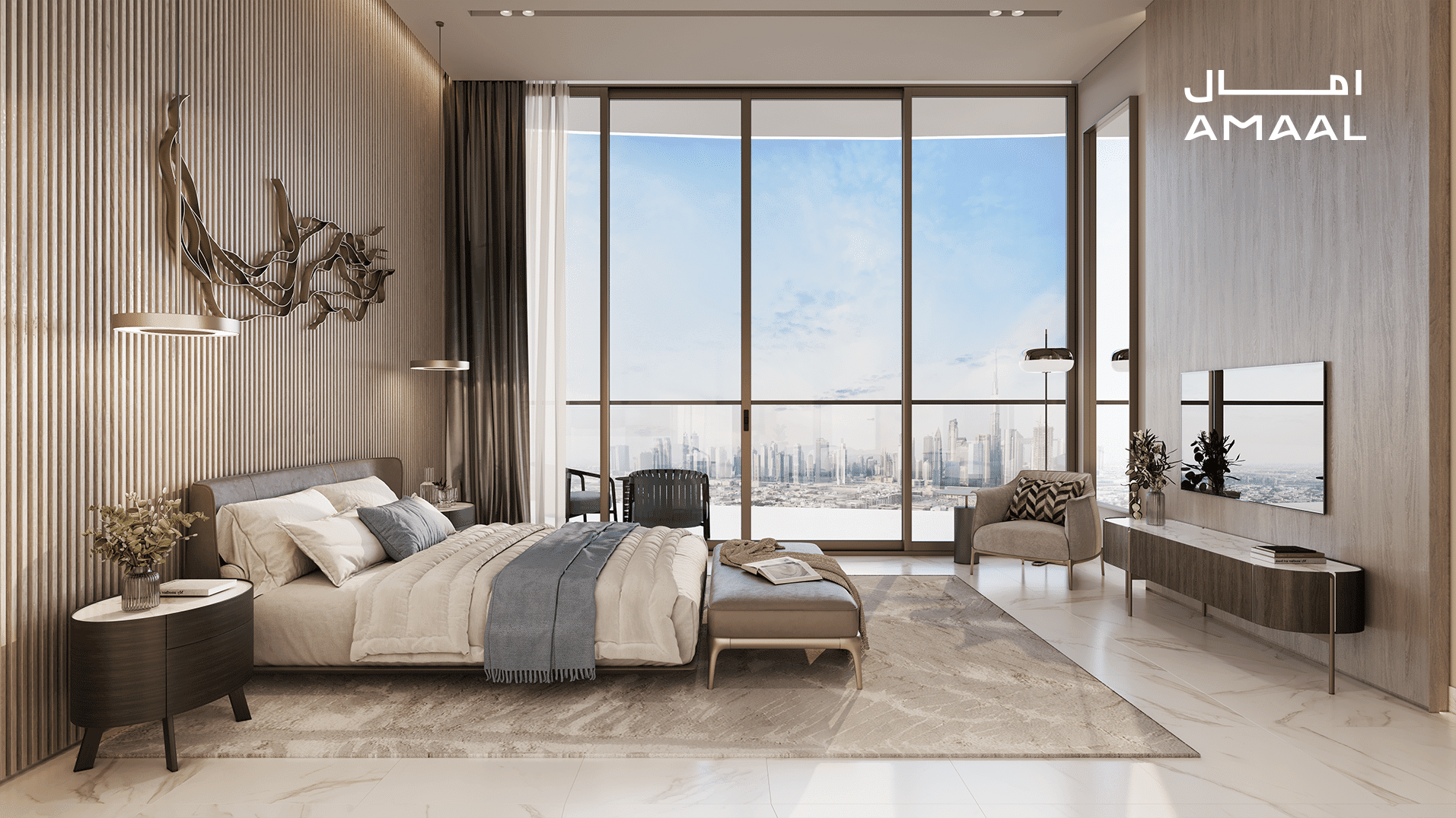 חדר שינה מודרני ומפואר ב-MANSORY RESIDENCE כולל מיטה גדולה, גוונים ניטרליים, עיצוב מסוגנן, טלוויזיה המותקנת על הקיר וחלונות מהרצפה עד התקרה עם נוף פנורמי של העיר; הכיתוב “AMAAL” מופיע באנגלית ובערבית בפינה הימנית העליונה. חדר שינה מודרני ומפואר ב-MANSORY RESIDENCE כולל מיטה גדולה, גוונים ניטרליים, עיצוב מסוגנן, טלוויזיה המותקנת על הקיר וחלונות מהרצפה עד התקרה עם נוף פנורמי של העיר; הכיתוב "AMAAL" מופיע באנגלית ובערבית בפינה הימנית העליונה.