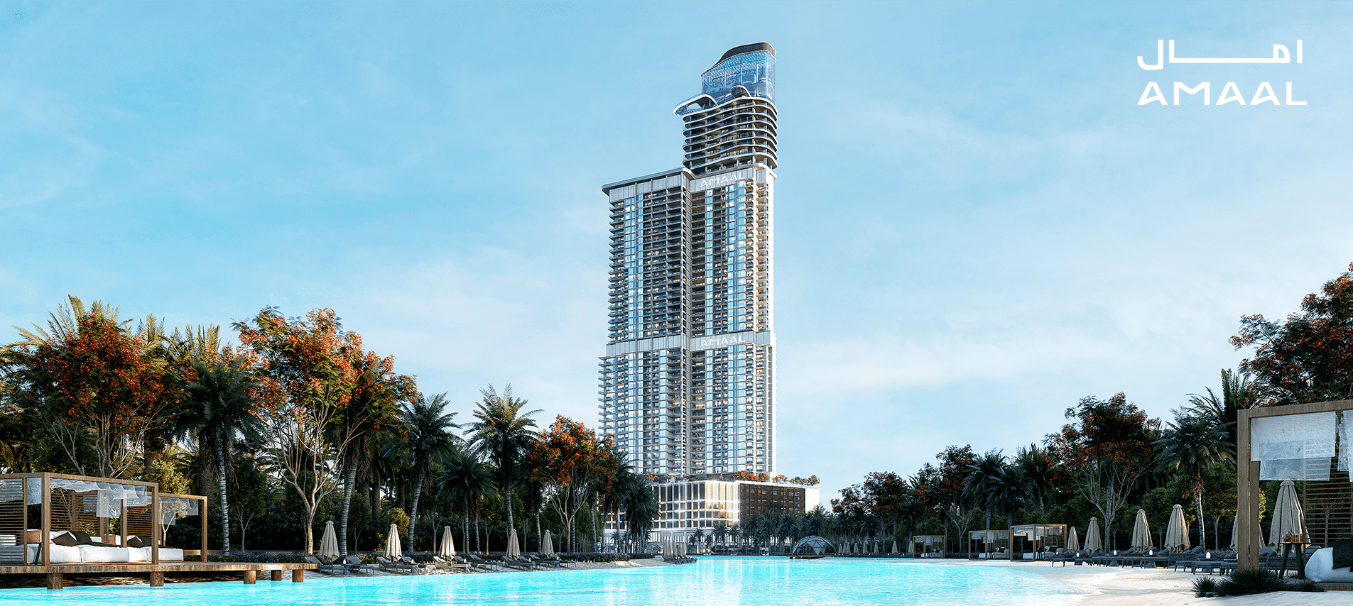 גורד שחקים גבוה ומודרני — MANSORY RESIDENCE — עם מרפסות זכוכית ניצב לצד בריכה בצבע טורקיז, מוקף בעצי דקל ומיטות שיזוף. השמיים בהירים וכחולים. המילה AMAAL מופיעה באנגלית ובערבית בפינה הימנית העליונה. גורד שחקים גבוה ומודרני — MANSORY RESIDENCE — עם מרפסות זכוכית ניצב לצד בריכה בצבע טורקיז, מוקף בעצי דקל ומיטות שיזוף. השמיים בהירים וכחולים. המילה AMAAL מופיעה באנגלית ובערבית בפינה הימנית העליונה.