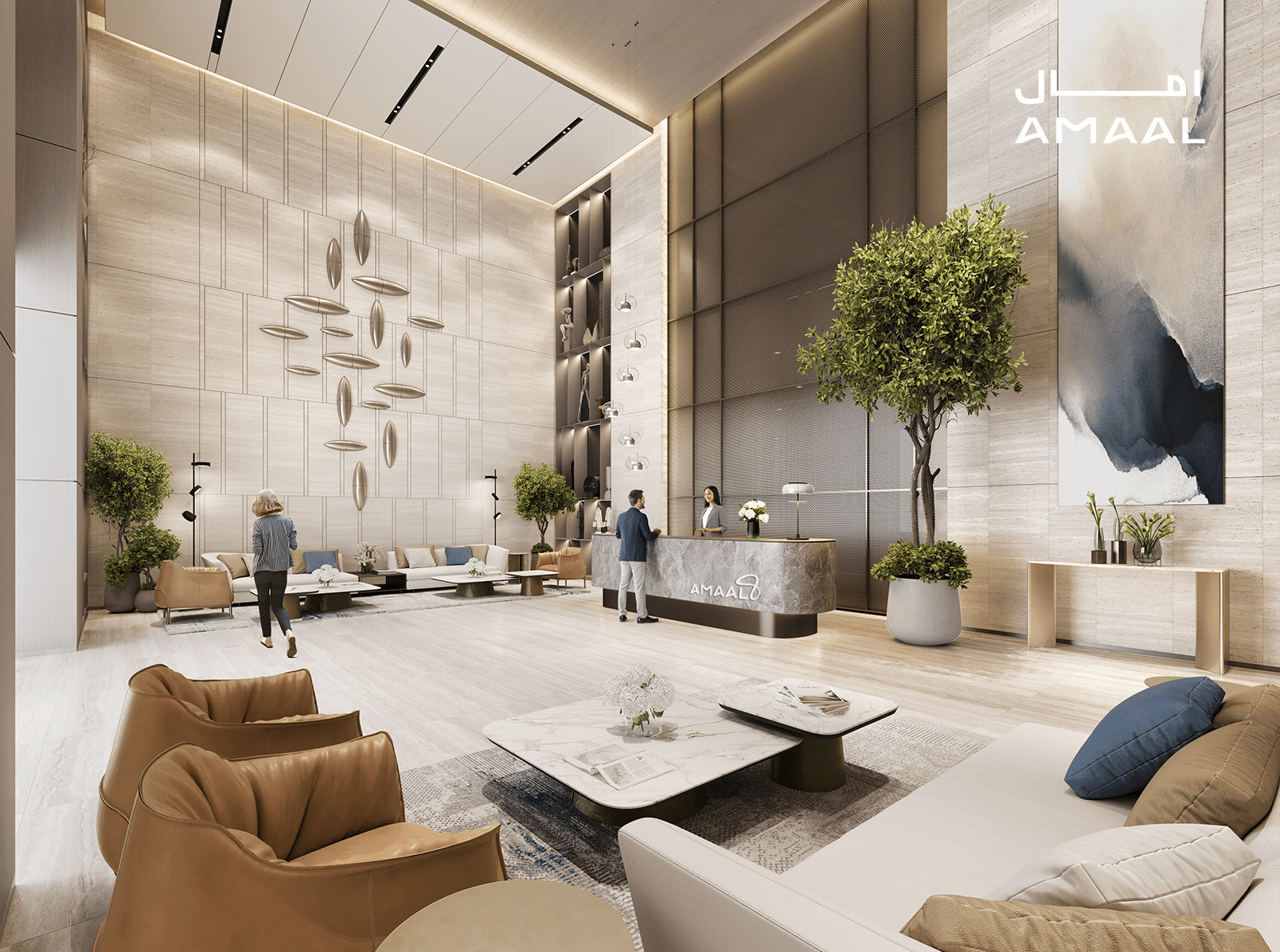 בלובי המודרני והאלגנטי של מלון MANSORY RESIDENCE, בעל התקרות הגבוהות, ניתן למצוא פינות ישיבה מעוצבות, צמחים גבוהים, דלפק קבלה משיש ויצירות אמנות דקורטיביות על הקירות. שלושה אנשים משוחחים ליד הדלפק, ואחד מהם יושב. ניתן להבחין בלוגו של AMAAL. בלובי המודרני והאלגנטי של מלון MANSORY RESIDENCE, בעל התקרות הגבוהות, ניתן למצוא פינות ישיבה מעוצבות, צמחים גבוהים, דלפק קבלה משיש ויצירות אמנות דקורטיביות על הקירות. שלושה אנשים משוחחים ליד הדלפק, ואחד מהם יושב. ניתן להבחין בלוגו של AMAAL.