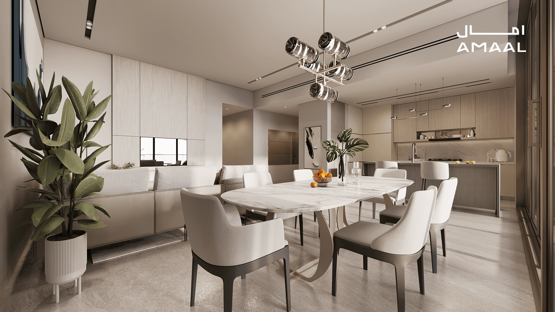 חדר אוכל מודרני ב-MANSORY RESIDENCE, הכולל שולחן שיש, כיסאות מרופדים, נברשת ייחודית, צמחי בית ונוף למטבח אלגנטי בגוונים ניטרליים. המילה AMAAL מופיעה בפינה הימנית העליונה. חדר אוכל מודרני ב-MANSORY RESIDENCE, הכולל שולחן שיש, כיסאות מרופדים, נברשת ייחודית, צמחי בית ונוף למטבח אלגנטי בגוונים ניטרליים. המילה AMAAL מופיעה בפינה הימנית העליונה.