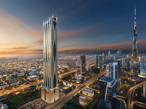 נוף עירוני בשעת השקיעה, ובו גורד שחקים גבוה ומודרני עם אורות זוהרים בקדמת התמונה, מוקף בבניינים רבי קומות אחרים ובכבישים סואנים; מגדל בורג' חליפה מתנשא ברקע.