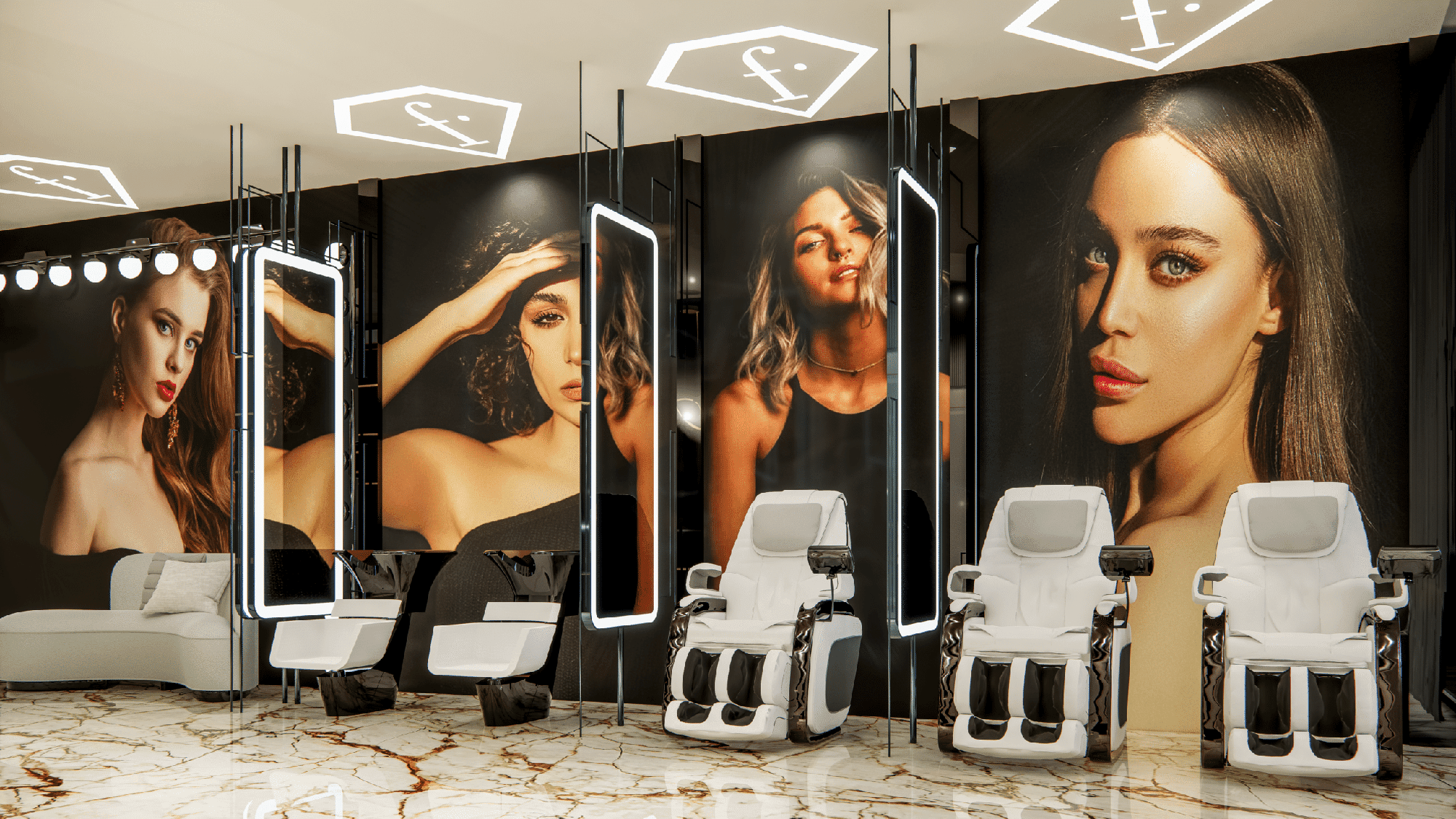מספרה מודרנית, Fashionz by Danube, עם רצפות שיש, כיסאות מספרה לבנים, מראות מוארות ופוסטרים גדולים על הקירות של נשים עם תסרוקות ואיפור שונים. מספרה מודרנית, Fashionz by Danube, עם רצפות שיש, כיסאות מספרה לבנים, מראות מוארות ופוסטרים גדולים על הקירות של נשים עם תסרוקות ואיפור שונים.