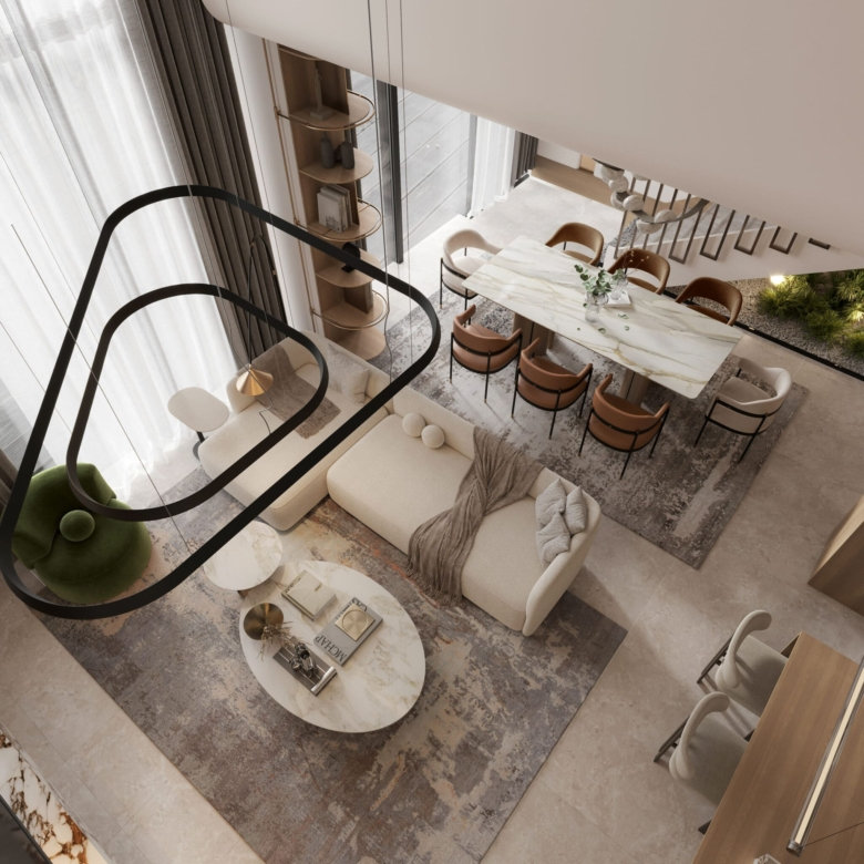 Современная гостиная и столовая открытой планировки в LIV OCEANSIDE, вид сверху, с модульным диваном кремового цвета, мраморными столами, коричневыми обеденными стульями, абстрактными коврами, большими окнами и современными подвесными светильниками.