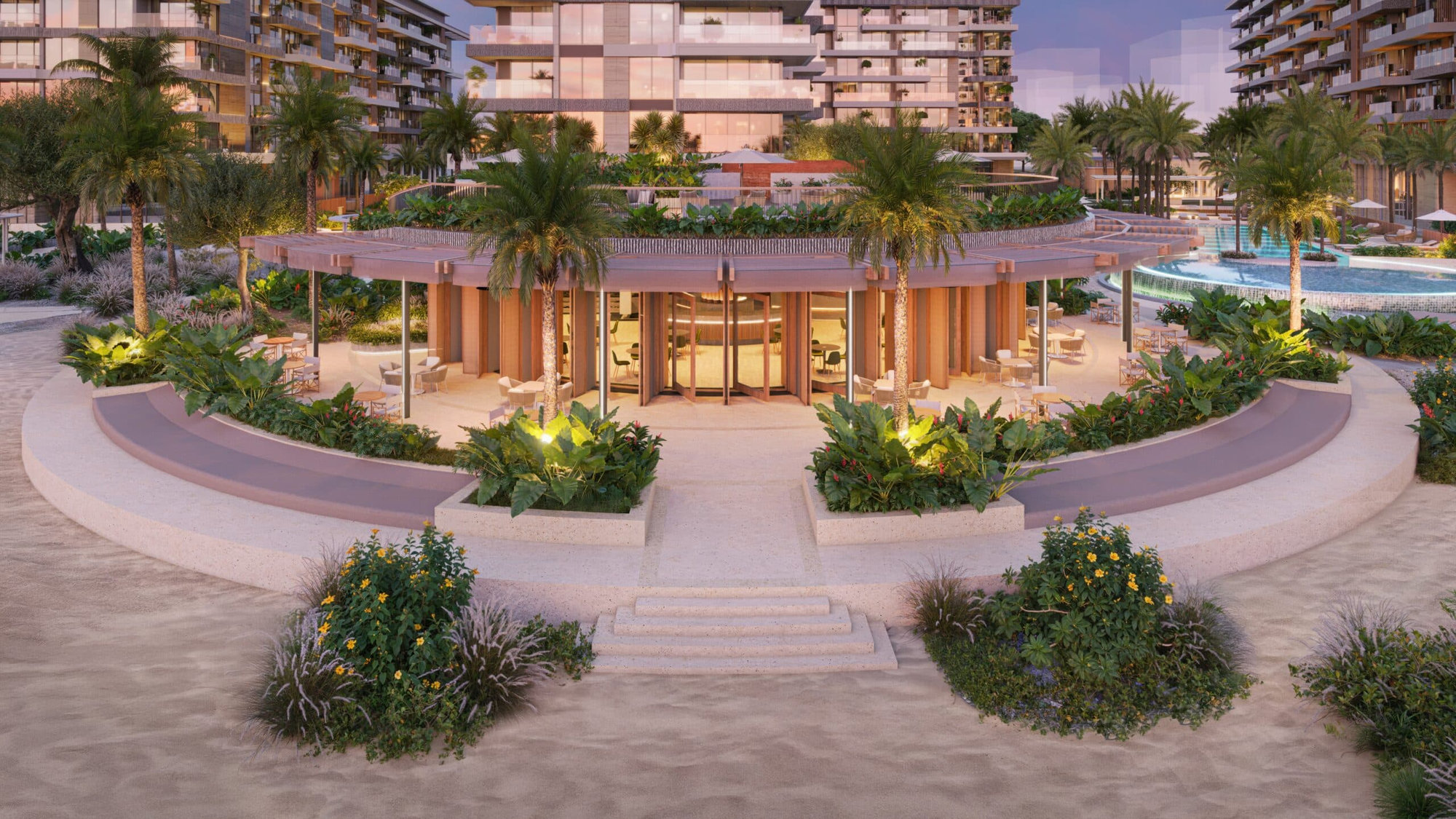 ב-ELLINGTON COVE ניצב ביתן עגול תחת כיפת השמיים, מוקף בצמחייה עבותה ועצי דקל, כשמדרגות מעוקלות מובילות אליו. ברקע, תחת שמיים מתאפלים, מבצבצים מבני זכוכית מודרניים ובריכת שחייה. ב-ELLINGTON COVE ניצב ביתן עגול תחת כיפת השמיים, מוקף בצמחייה עבותה ועצי דקל, כשמדרגות מעוקלות מובילות אליו. ברקע, תחת שמיים מתאפלים, מבצבצים מבני זכוכית מודרניים ובריכת שחייה.