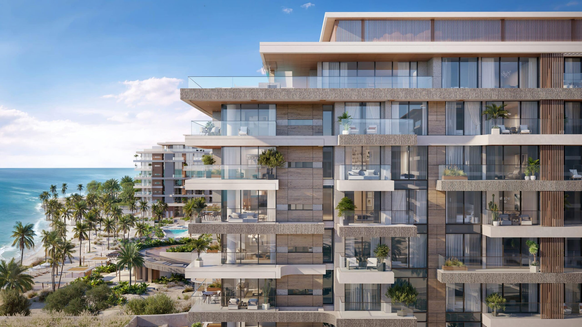 בניין דירות מודרני על חוף הים ב-COVE, עם מרפסות מזכוכית, צמחייה שופעת ונוף לים. עצי דקל מקיפים את החוף החולי שלמטה, והשמיים הבהירים יוצרים אווירה יוקרתית של חוף ים. בניין דירות מודרני על חוף הים ב-COVE, עם מרפסות מזכוכית, צמחייה שופעת ונוף לים. עצי דקל מקיפים את החוף החולי שלמטה, והשמיים הבהירים יוצרים אווירה יוקרתית של חוף ים.