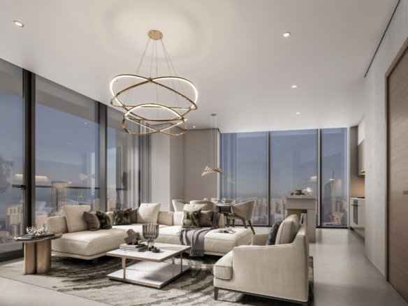 הסלון המודרני בבניין "The Horizon" בפרויקט "Sobha Central" כולל חלונות גדולים מהרצפה עד התקרה, ספות בצבע בז' המקיפות שולחן קפה לבן, נברשת עגולה, נוף של קו הרקיע העירוני בשעת בין ערביים, ותכנון פתוח המשתרע אל פינת האוכל והמטבח.