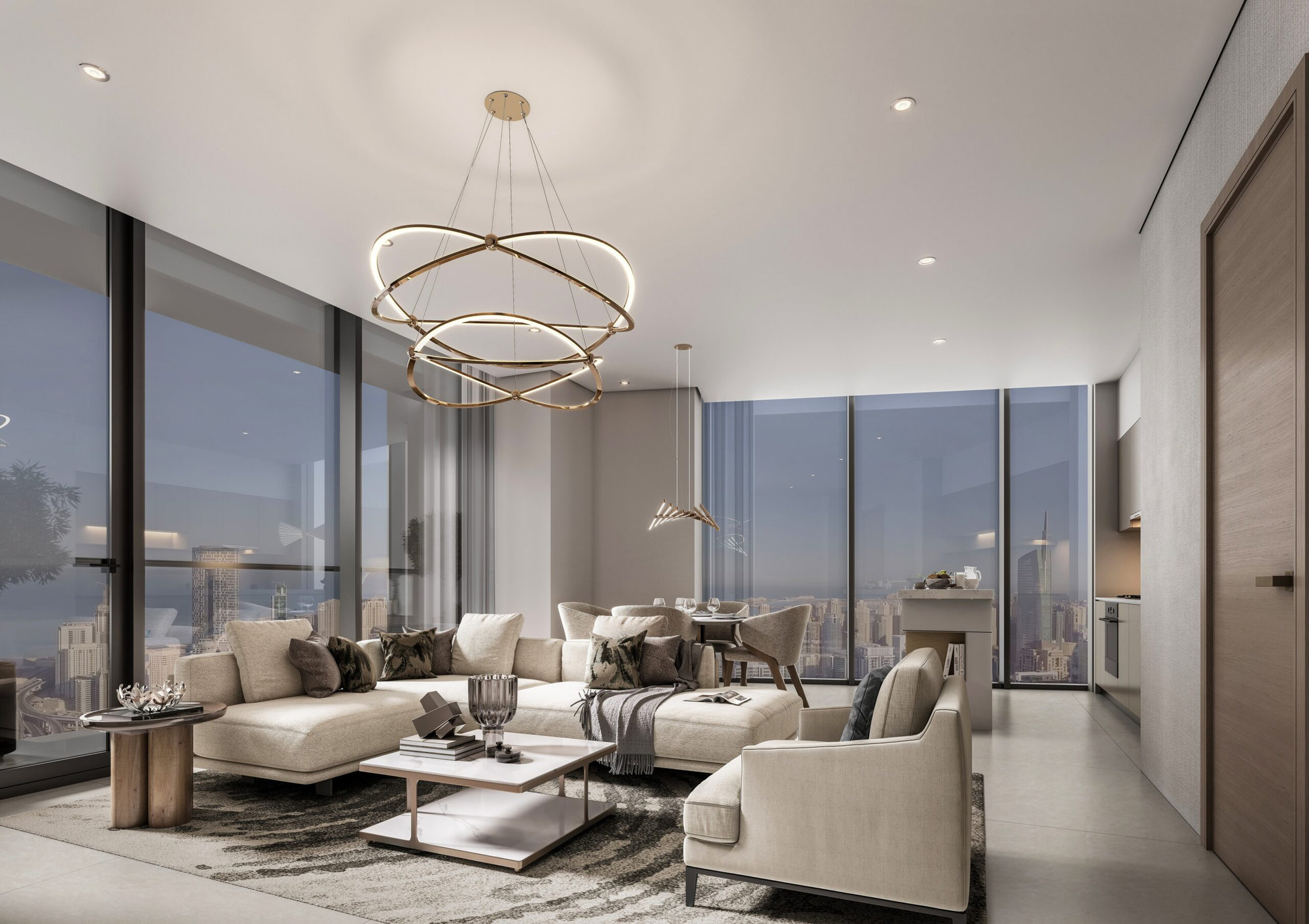 הסלון המודרני בבניין “The Horizon” בפרויקט “Sobha Central” כולל חלונות גדולים מהרצפה עד התקרה, ספות בצבע בז’ המקיפות שולחן קפה לבן, נברשת עגולה, נוף של קו הרקיע העירוני בשעת בין ערביים, ותכנון פתוח המשתרע אל פינת האוכל והמטבח. הסלון המודרני בבניין "The Horizon" בפרויקט "Sobha Central" כולל חלונות גדולים מהרצפה עד התקרה, ספות בצבע בז' המקיפות שולחן קפה לבן, נברשת עגולה, נוף של קו הרקיע העירוני בשעת בין ערביים, ותכנון פתוח המשתרע אל פינת האוכל והמטבח.