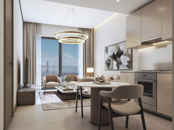סלון ופינת אוכל מודרניים ב-Sobha Central, הכוללים גוונים ניטרליים, ריהוט מסוגנן, שולחן אוכל עגול, ספה, תמונות קיר, חלון גדול המשקיף על קו הרקיע של העיר, ומטבח עכשווי עם מכשירי חשמל מובנים.