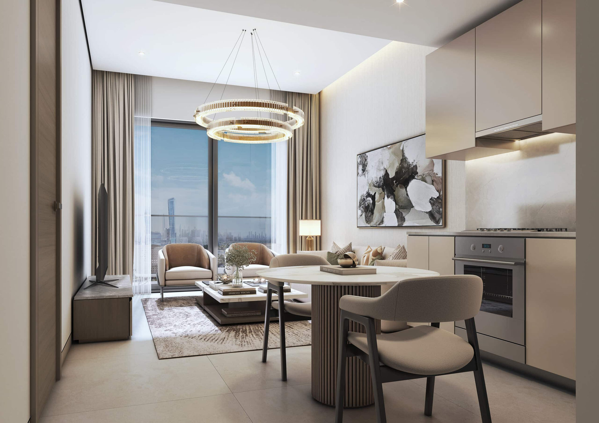 סלון ופינת אוכל מודרניים ב-Sobha Central, הכוללים גוונים ניטרליים, ריהוט מסוגנן, שולחן אוכל עגול, ספה, תמונות קיר, חלון גדול המשקיף על קו הרקיע של העיר, ומטבח עכשווי עם מכשירי חשמל מובנים. סלון ופינת אוכל מודרניים ב-Sobha Central, הכוללים גוונים ניטרליים, ריהוט מסוגנן, שולחן אוכל עגול, ספה, תמונות קיר, חלון גדול המשקיף על קו הרקיע של העיר, ומטבח עכשווי עם מכשירי חשמל מובנים.