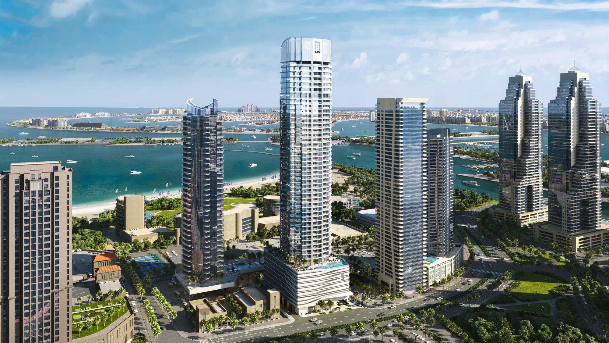 מבט אווירי על גורדי שחקים מודרניים בקרבת קו החוף, עם חופים חוליים, שטחים ירוקים והים ברקע. ניתן לראות מספר סירות על המים תחת שמיים כחולים וצלולים. מבט אווירי על גורדי שחקים מודרניים בקרבת קו החוף, עם חופים חוליים, שטחים ירוקים והים ברקע. ניתן לראות מספר סירות על המים תחת שמיים כחולים וצלולים.