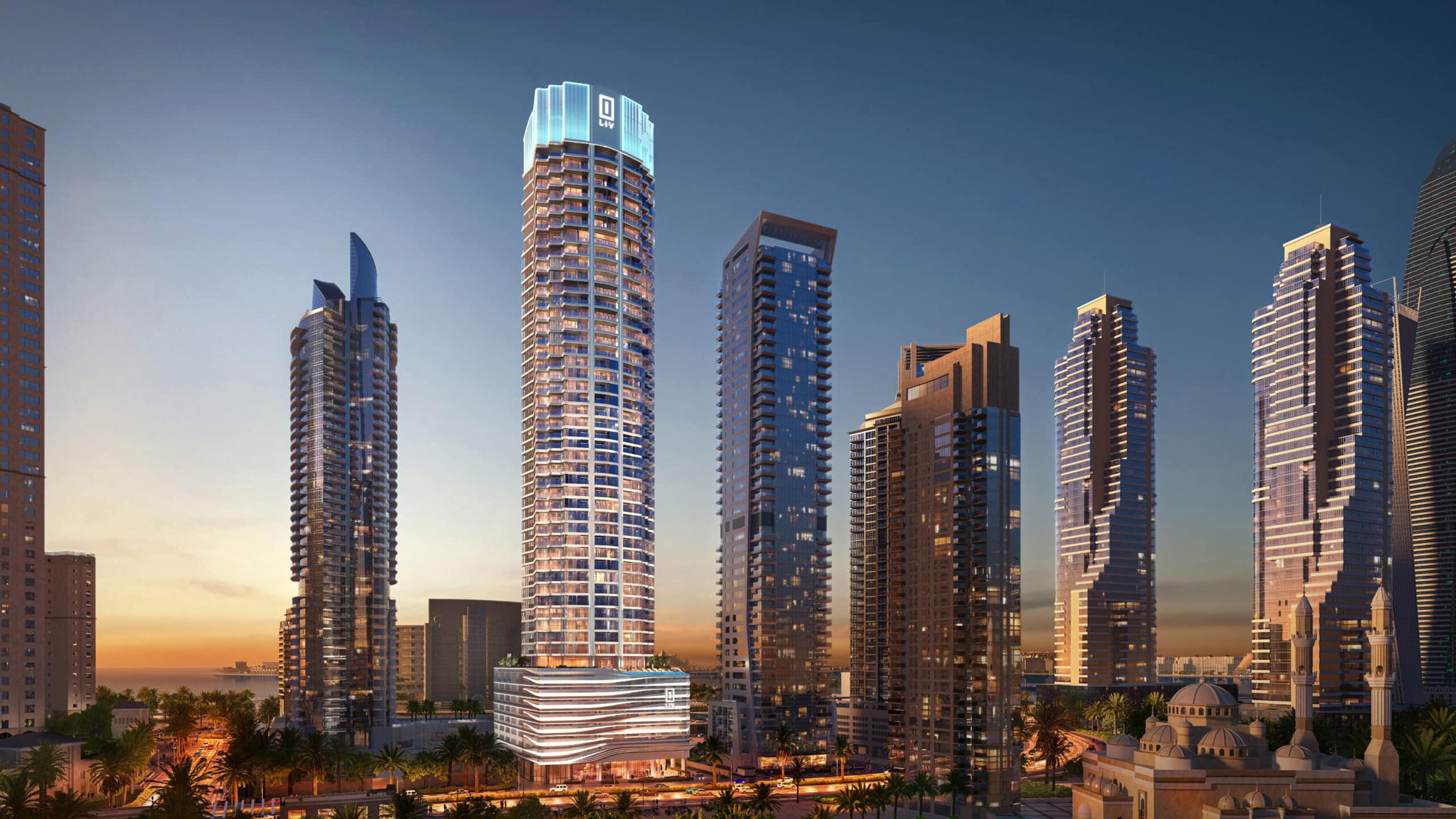 קו הרקיע של העיר בשעת השקיעה כולל מספר גורדי שחקים מודרניים עם חזיתות זכוכית ועיצובים אדריכליים ייחודיים, בהם מגדל גלילי מרכזי שקומותיו העליונות מוארות. עצי דקל מקיפים את הרחוב שמתחת. קו הרקיע של העיר בשעת השקיעה כולל מספר גורדי שחקים מודרניים עם חזיתות זכוכית ועיצובים אדריכליים ייחודיים, בהם מגדל גלילי מרכזי שקומותיו העליונות מוארות. עצי דקל מקיפים את הרחוב שמתחת.