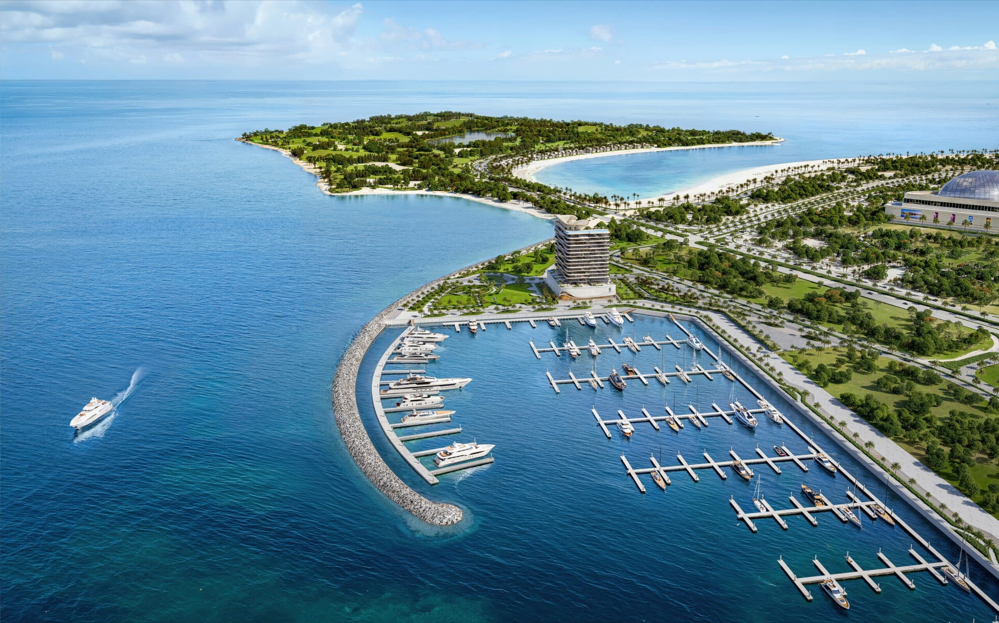 מבט אווירי על מרינת LIV OCEANSIDE, עם יאכטות עוגנות, שובר גלים מעוגל, בניין מודרני, צמחייה עבותה, חופי חול לבנים וסירה השטה בים הכחול ליד אי טרופי. מבט אווירי על מרינת LIV OCEANSIDE, עם יאכטות עוגנות, שובר גלים מעוגל, בניין מודרני, צמחייה עבותה, חופי חול לבנים וסירה השטה בים הכחול ליד אי טרופי.