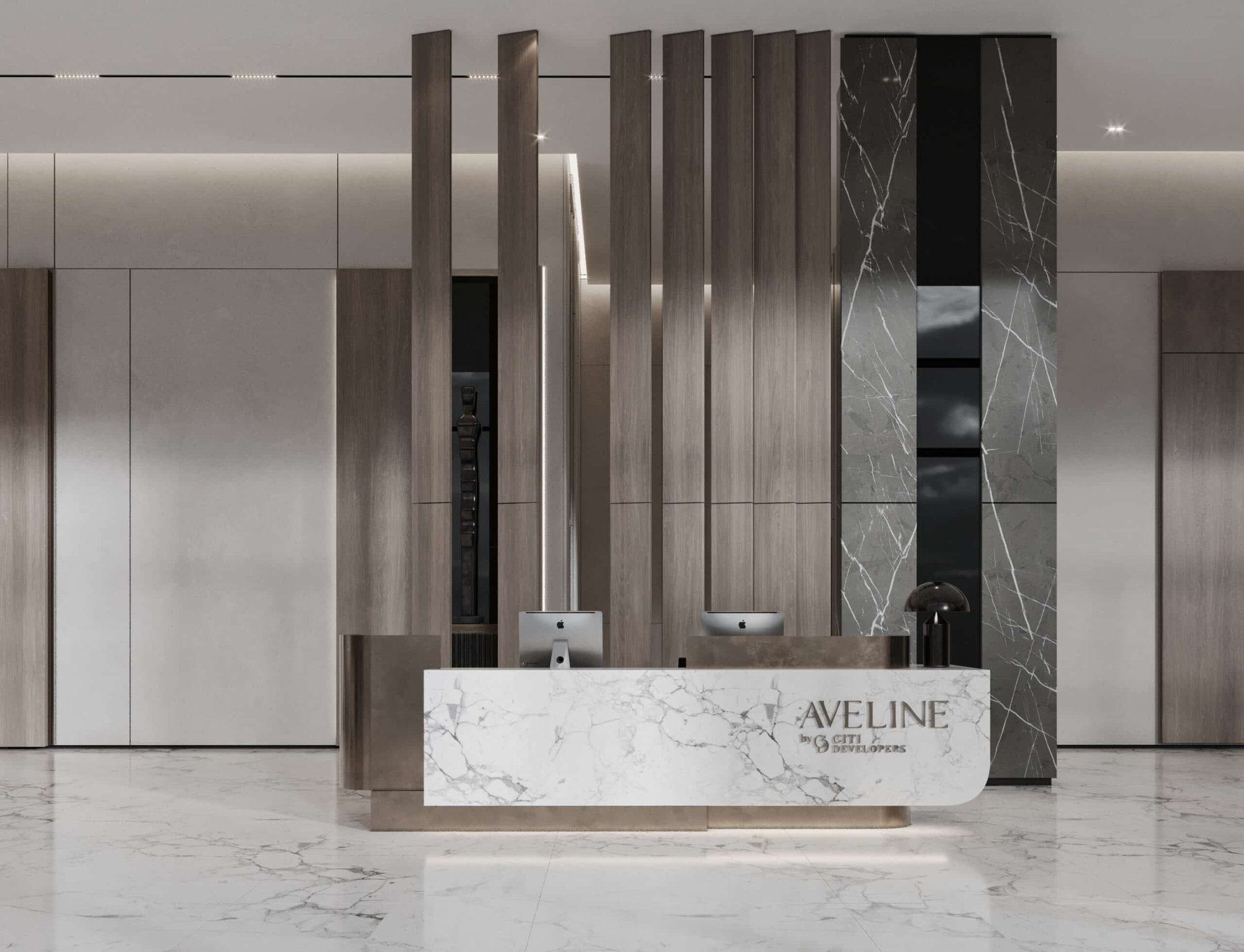 דלפק קבלה מודרני בגימור שיש עם השלט “AVELINE by SETL”, המוקף בלוחות עץ ושיש גבוהים, שני מחשבים שולחניים ועיצוב מינימליסטי בלובי מרווח ומלוטש. דלפק קבלה מודרני בגימור שיש עם השלט "AVELINE by SETL", המוקף בלוחות עץ ושיש גבוהים, שני מחשבים שולחניים ועיצוב מינימליסטי בלובי מרווח ומלוטש.