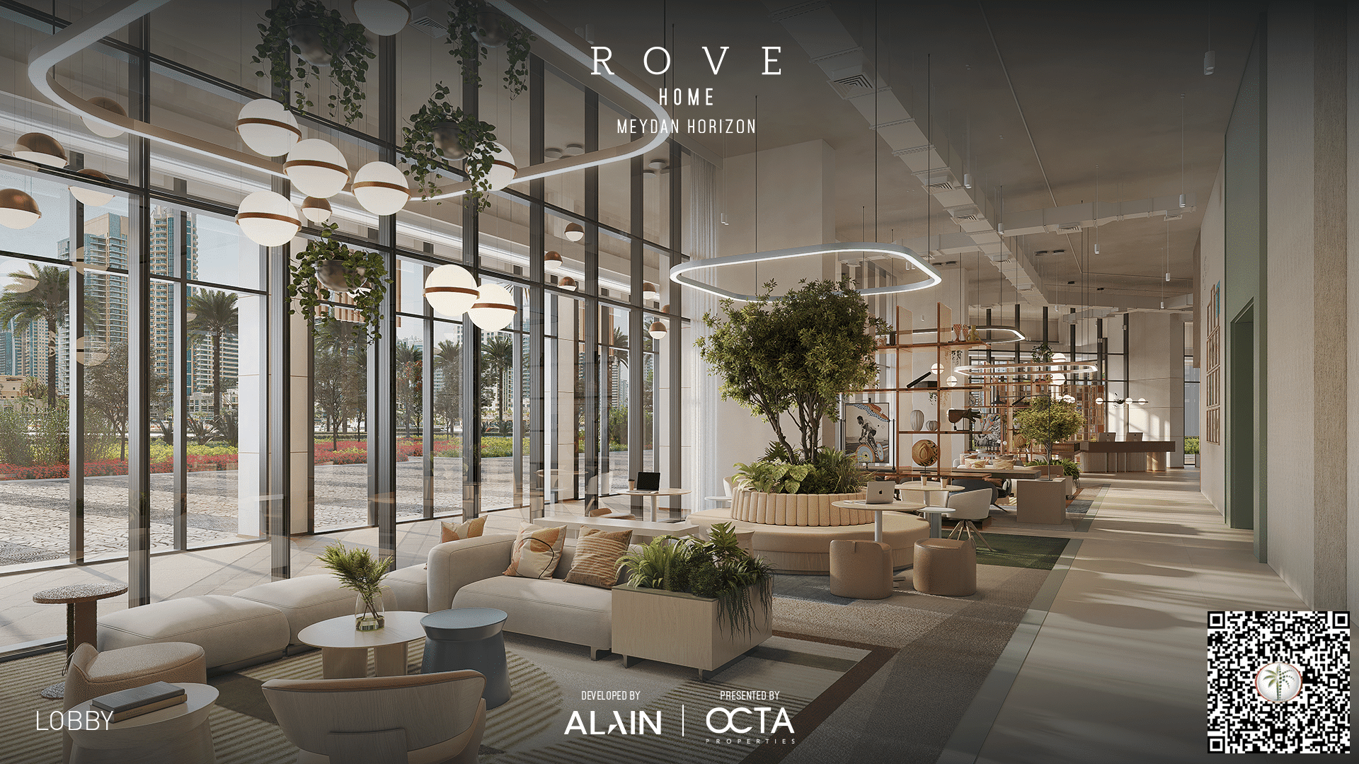 לובי מודרני ומרווח ב-ROVE HOME, עם חלונות גדולים, פינות ישיבה עכשוויות, עצי נוי בתוך המבנה, מנורות תלייה ונוף עירוני הנשקף מבחוץ. פרטי המיתוג והפרויקט מופיעים בחלק העליון ובתחתית, עם קוד QR בפינה הימנית התחתונה. לובי מודרני ומרווח ב-ROVE HOME, עם חלונות גדולים, פינות ישיבה עכשוויות, עצי נוי בתוך המבנה, מנורות תלייה ונוף עירוני הנשקף מבחוץ. פרטי המיתוג והפרויקט מופיעים בחלק העליון ובתחתית, עם קוד QR בפינה הימנית התחתונה.