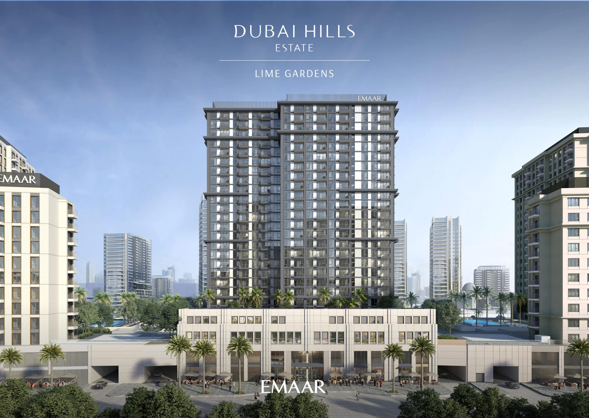 Lime Gardens” באחוזת דובאי הילס של חברת Emaar הוא מגדל מודרני הממוקם בין שני מגדלים. עצי דקל ומכוניות ניצבים בשולי הרחוב, בעוד קו הרקיע של העיר מתנשא ברקע תחת שמיים כחולים וצלולים. Lime Gardens" באחוזת דובאי הילס של חברת Emaar הוא מגדל מודרני הממוקם בין שני מגדלים. עצי דקל ומכוניות ניצבים בשולי הרחוב, בעוד קו הרקיע של העיר מתנשא ברקע תחת שמיים כחולים וצלולים.