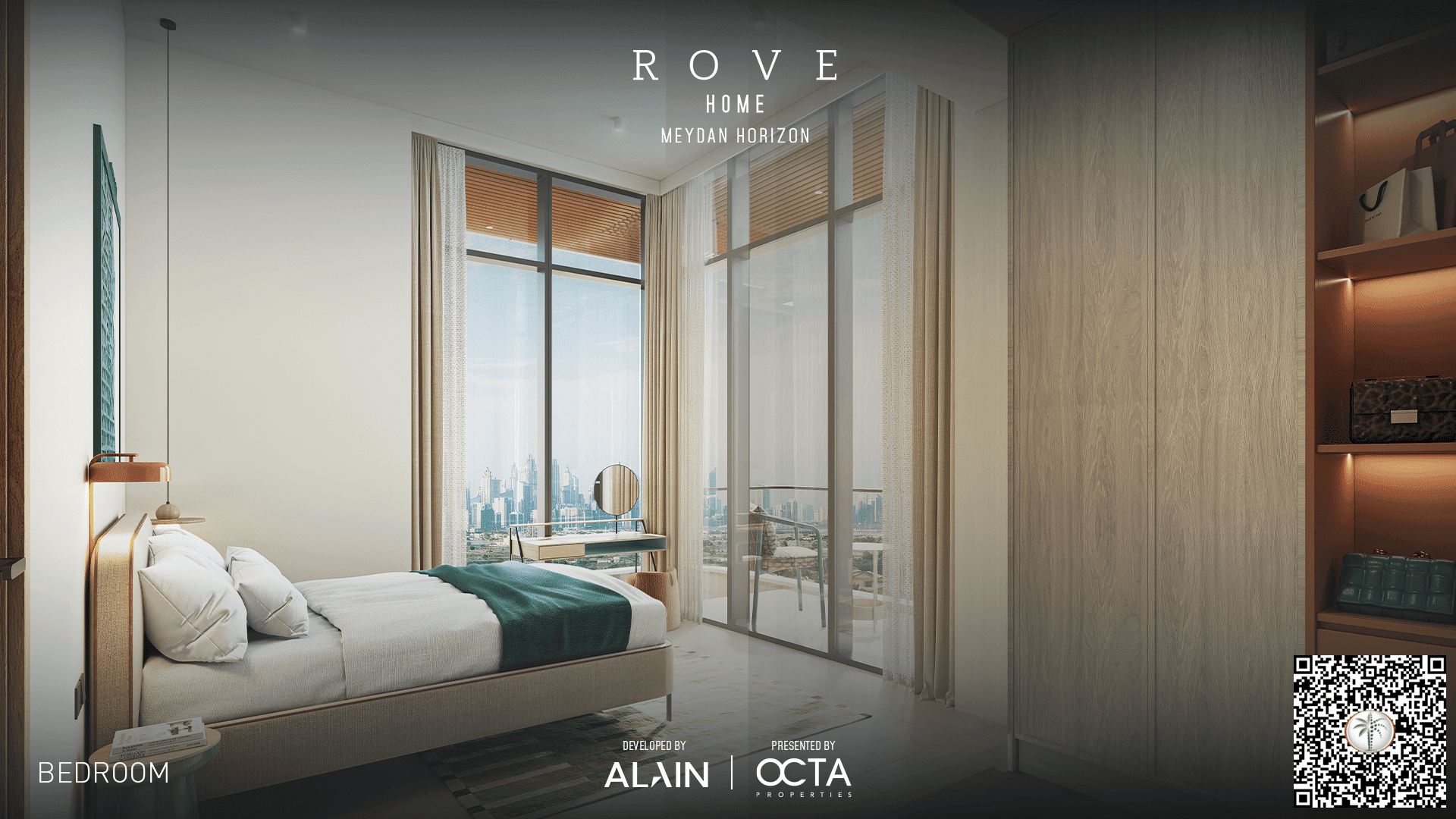 חדר שינה מודרני ומואר באור שמש ב-ROVE HOME, עם חלונות מהרצפה עד התקרה, מיטה זוגית, מצעים בצבעי ירוק ולבן, אלמנטים מעץ, מדפי ספרים ונוף עירוני. על התמונה מופיעים טקסטים וברקוד QR. חדר שינה מודרני ומואר באור שמש ב-ROVE HOME, עם חלונות מהרצפה עד התקרה, מיטה זוגית, מצעים בצבעי ירוק ולבן, אלמנטים מעץ, מדפי ספרים ונוף עירוני. על התמונה מופיעים טקסטים וברקוד QR.