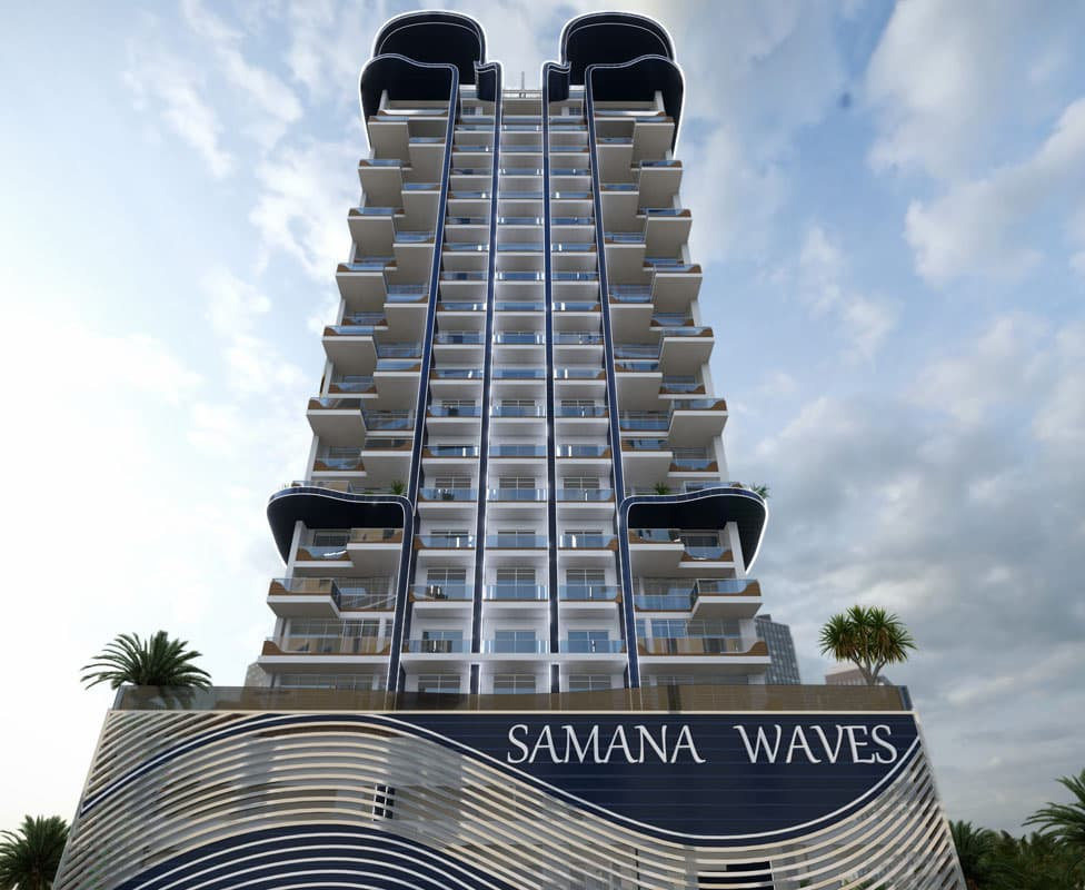 בניין רב-קומות מודרני בשם “Samana Waves” מתהדר במרפסות רבות, בקווים אדריכליים מעוגלים ואלגנטיים ובעצי דקל בבסיסו, והכל על רקע שמיים מעוננים חלקית. בניין רב-קומות מודרני בשם "Samana Waves" מתהדר במרפסות רבות, בקווים אדריכליים מעוגלים ואלגנטיים ובעצי דקל בבסיסו, והכל על רקע שמיים מעוננים חלקית.