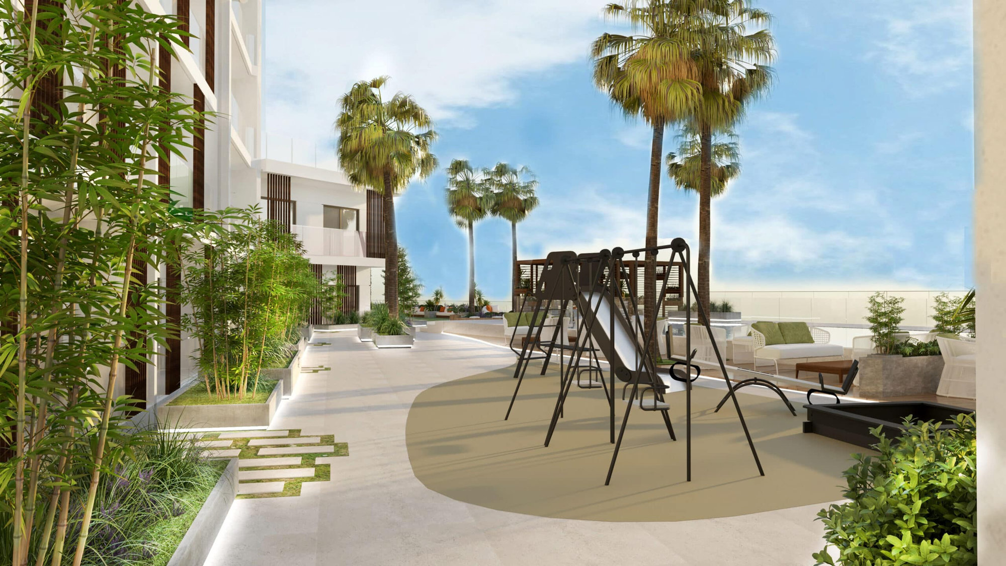 מרחב חיצוני מודרני ב-Prime Gardens, עם עצי דקל, גן שעשועים לילדים הכולל נדנדות ומגלשה, צמחייה שופעת, ופינות ישיבה עכשוויות תחת שמיים כחולים. מרחב חיצוני מודרני ב-Prime Gardens, עם עצי דקל, גן שעשועים לילדים הכולל נדנדות ומגלשה, צמחייה שופעת, ופינות ישיבה עכשוויות תחת שמיים כחולים.