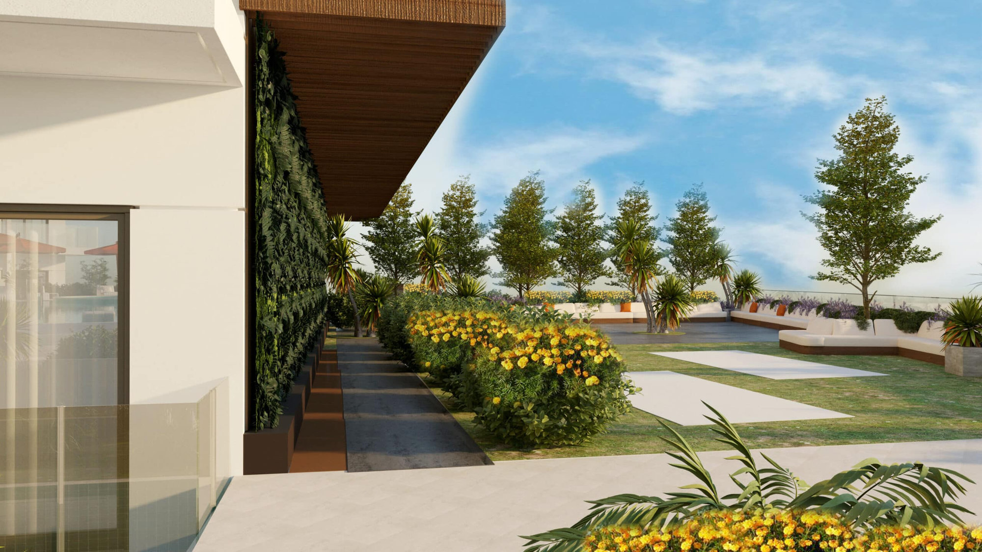 גן חיצוני מודרני מבית Prime Gardens כולל קיר ירוק אנכי, שיחים עבותים עם פרחים צהובים, מדשאה עם שבילים מרוצפים ושורות של עצים תחת שמיים כחולים. אלמנטים לבנים ואלמנטים מעץ תוחמים את השטח הפתוח. גן חיצוני מודרני מבית Prime Gardens כולל קיר ירוק אנכי, שיחים עבותים עם פרחים צהובים, מדשאה עם שבילים מרוצפים ושורות של עצים תחת שמיים כחולים. אלמנטים לבנים ואלמנטים מעץ תוחמים את השטח הפתוח.