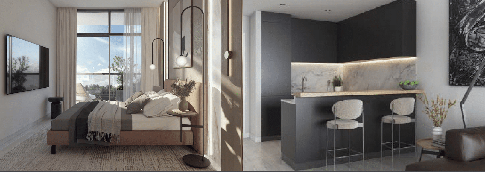 תמונה מפוצלת המציגה את Maison Elysee: משמאל, חדר שינה מודרני עם חלונות גדולים, גוונים ניטרליים ועיצוב מינימליסטי; מימין, מטבח אלגנטי עם ארונות שחורים, חיפוי קיר משיש ושני כסאות בר. תמונה מפוצלת המציגה את Maison Elysee: משמאל, חדר שינה מודרני עם חלונות גדולים, גוונים ניטרליים ועיצוב מינימליסטי; מימין, מטבח אלגנטי עם ארונות שחורים, חיפוי קיר משיש ושני כסאות בר.