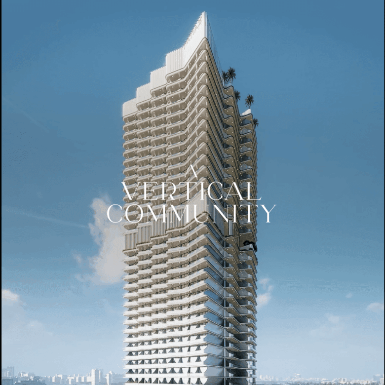 בניין רב-קומות מודרני עם מרפסות מדורגות ועצי דקל בחלק מהקומות, על רקע שמיים כחולים וצלולים. על הכיתוב נכתב: COVE מאת IMTIAZ DEVELOPMENTS ו-VERTICAL COMMUNITY.