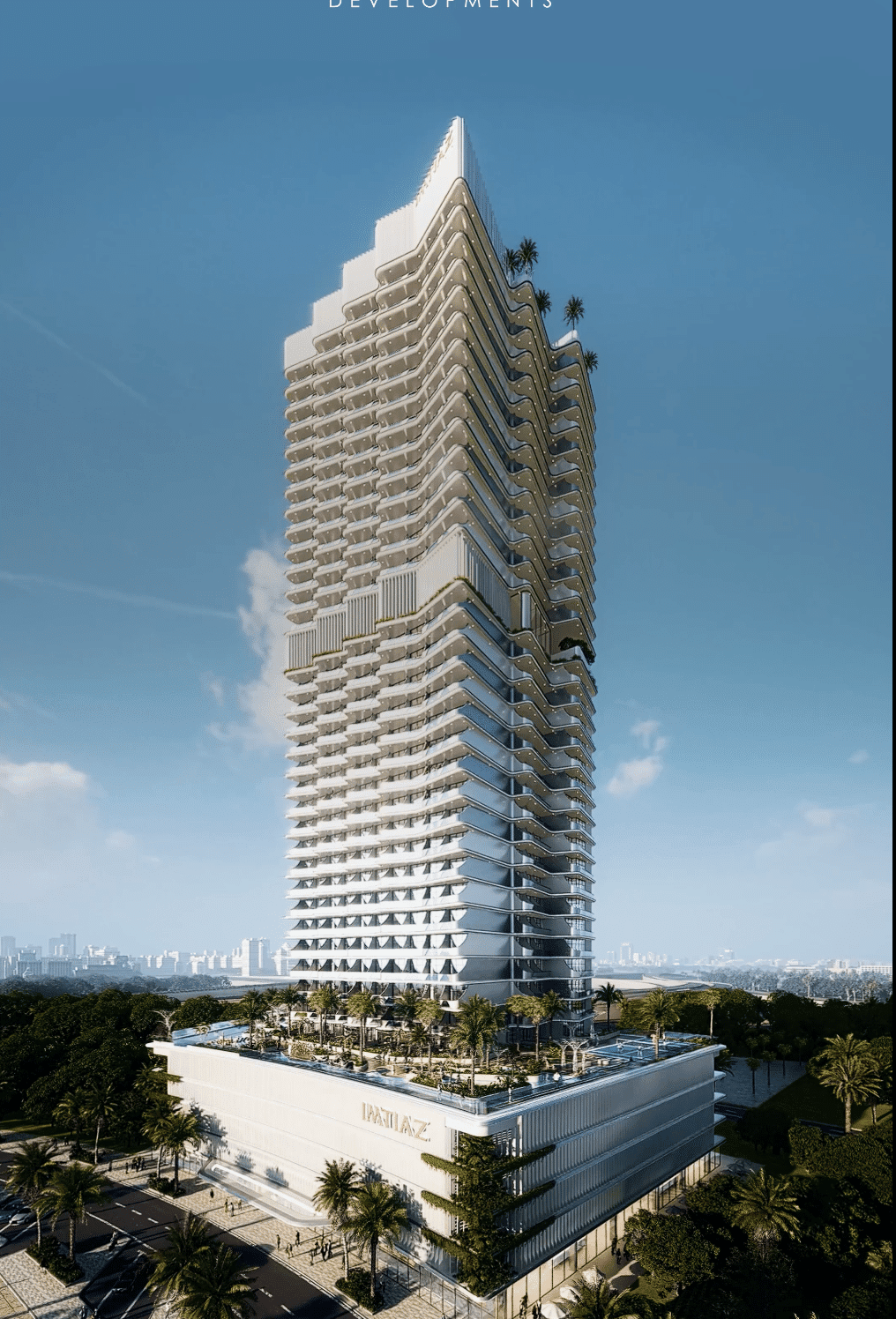 גורד שחקים מודרני וגבוה עם מרפסות רבות, בעיצוב מדורג וצמחייה על הגג, על רקע שמיים כחולים ונוף עירוני. בקומת הקרקע, עצי דקל מקיפים את הכניסה לבניין הנושא את השם “Paviliaz”, המהווה חלק מפרויקט הנדל”ן התוסס IMTIAZ COVE. גורד שחקים מודרני וגבוה עם מרפסות רבות, בעיצוב מדורג וצמחייה על הגג, על רקע שמיים כחולים ונוף עירוני. בקומת הקרקע, עצי דקל מקיפים את הכניסה לבניין הנושא את השם "Paviliaz", המהווה חלק מפרויקט הנדל"ן התוסס IMTIAZ COVE.