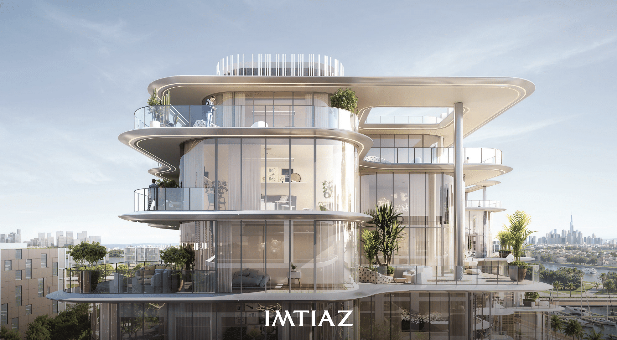 בניין מודרני רב-קומתי עם קירות זכוכית מעוגלים, מרפסות מרווחות וצמחייה. קו הרקיע של העיר ובורג’ חליפה נראים מרחוק. הכיתוב “COTIER HOUSE by IMTIAZ” מופיע בתחתית התמונה. בניין מודרני רב-קומתי עם קירות זכוכית מעוגלים, מרפסות מרווחות וצמחייה. קו הרקיע של העיר ובורג' חליפה נראים מרחוק. הכיתוב "COTIER HOUSE by IMTIAZ" מופיע בתחתית התמונה.