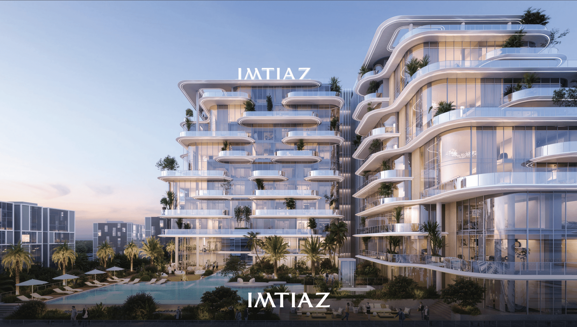 מתחם דירות יוקרתי ומודרני בן מספר קומות, COTIER HOUSE, כולל מרפסות מזכוכית מעוגלת, צמחייה שופעת במרפסות, בריכת שחייה מרכזית המוקפת עצי דקל, והמילה IMTIAZ המוצגת בבולטות על גבי הבניינים ובאזור הבריכה. מתחם דירות יוקרתי ומודרני בן מספר קומות, COTIER HOUSE, כולל מרפסות מזכוכית מעוגלת, צמחייה שופעת במרפסות, בריכת שחייה מרכזית המוקפת עצי דקל, והמילה IMTIAZ המוצגת בבולטות על גבי הבניינים ובאזור הבריכה.