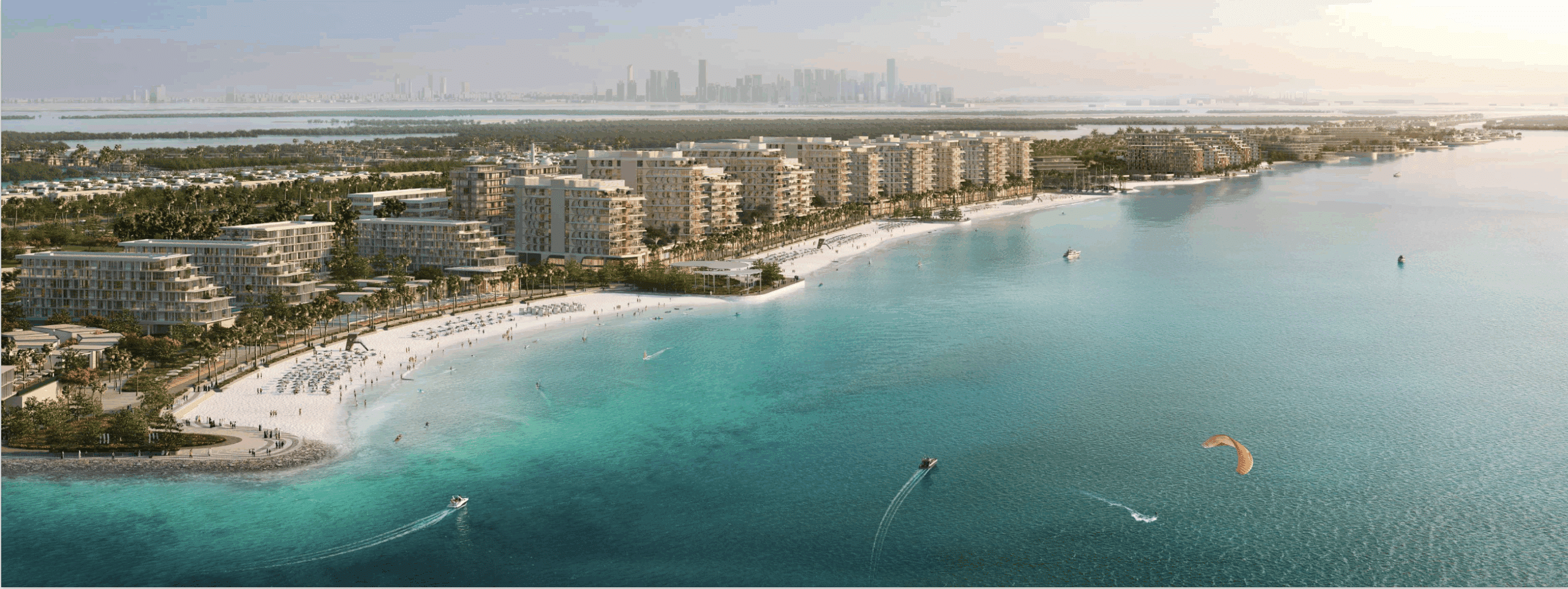 מבט אווירי על “Fahid Beach Residence”, אתר נופש יוקרתי על חוף הים הכולל מבנים מודרניים, חוף חול לבן, מים צלולים בצבע טורקיז, סירות ואנשים העוסקים בגלישת מצנח; ברקע המעורפל נראית קו הרקיע של העיר. מבט אווירי על "Fahid Beach Residence", אתר נופש יוקרתי על חוף הים הכולל מבנים מודרניים, חוף חול לבן, מים צלולים בצבע טורקיז, סירות ואנשים העוסקים בגלישת מצנח; ברקע המעורפל נראית קו הרקיע של העיר.