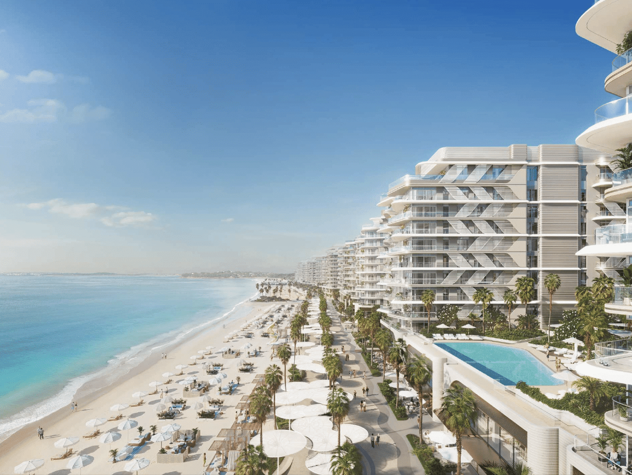 Fahid Beach Residence” הוא אתר נופש יוקרתי על חוף הים, הכולל בניינים מודרניים רבי קומות, עצי דקל, שמשיות לבנות, מיטות שיזוף ובריכה המשקיפה על חוף חולי וים בצבע טורקיז תחת שמיים כחולים וצלולים. Fahid Beach Residence" הוא אתר נופש יוקרתי על חוף הים, הכולל בניינים מודרניים רבי קומות, עצי דקל, שמשיות לבנות, מיטות שיזוף ובריכה המשקיפה על חוף חולי וים בצבע טורקיז תחת שמיים כחולים וצלולים.