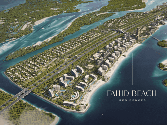 מבט אווירי על מתחם "Fahid Beach Residence", הכולל מבנים מודרניים, וילות, צמחייה, כבישים, גשרים והמים הכחולים המקיפים אותו לאורך רצועת חוף ארוכה.