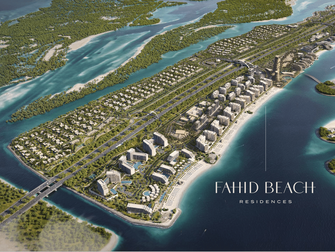מבט אווירי על מתחם “Fahid Beach Residence”, הכולל מבנים מודרניים, וילות, צמחייה, כבישים, גשרים והמים הכחולים המקיפים אותו לאורך רצועת חוף ארוכה. מבט אווירי על מתחם "Fahid Beach Residence", הכולל מבנים מודרניים, וילות, צמחייה, כבישים, גשרים והמים הכחולים המקיפים אותו לאורך רצועת חוף ארוכה.