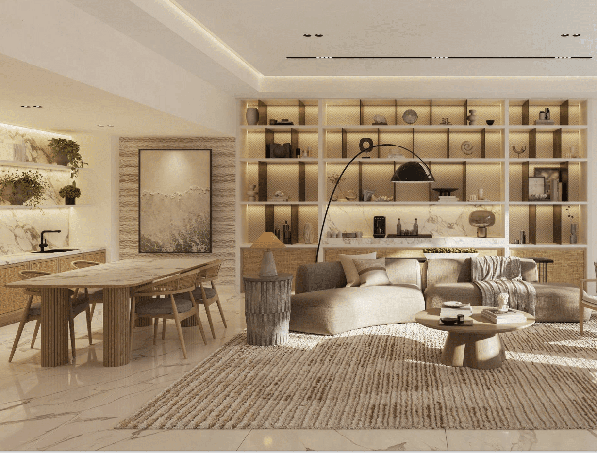 פינת מגורים ופינת אוכל מודרנית ב-Fahid Beach Residence, בגווני בז’, עם ספה מעוגלת ונעימה, שולחן קפה עגול, מנורת רצפה גדולה, מדפים תלויים עם פריטי נוי, סט שולחן אוכל ותאורה אווירתית רכה. רצפת השיש והשטיח המרקם מוסיפים חמימות. פינת מגורים ופינת אוכל מודרנית ב-Fahid Beach Residence, בגווני בז', עם ספה מעוגלת ונעימה, שולחן קפה עגול, מנורת רצפה גדולה, מדפים תלויים עם פריטי נוי, סט שולחן אוכל ותאורה אווירתית רכה. רצפת השיש והשטיח המרקם מוסיפים חמימות.