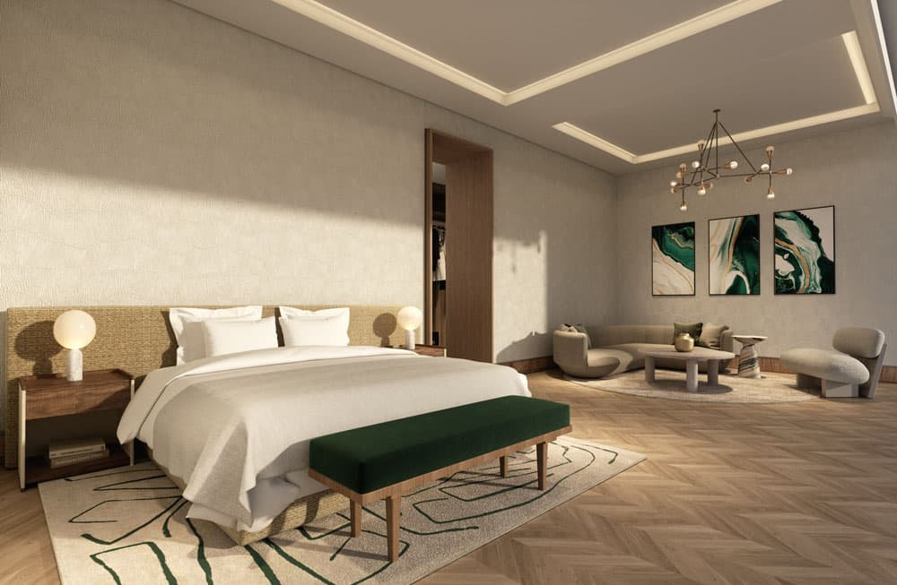 חדר שינה מרווח ומודרני במלון Six Senses Palm Jumeirah כולל מיטה גדולה, ספסל ירוק, שתי תמונות מופשטות, פינת ישיבה נעימה, קירות בגוונים ניטרליים, ריצוף עץ ותאורה מסוגננת. אור השמש חודר מבעד לחלונות הגבוהים ויוצר אווירה חמימה. חדר שינה מרווח ומודרני במלון Six Senses Palm Jumeirah כולל מיטה גדולה, ספסל ירוק, שתי תמונות מופשטות, פינת ישיבה נעימה, קירות בגוונים ניטרליים, ריצוף עץ ותאורה מסוגננת. אור השמש חודר מבעד לחלונות הגבוהים ויוצר אווירה חמימה.