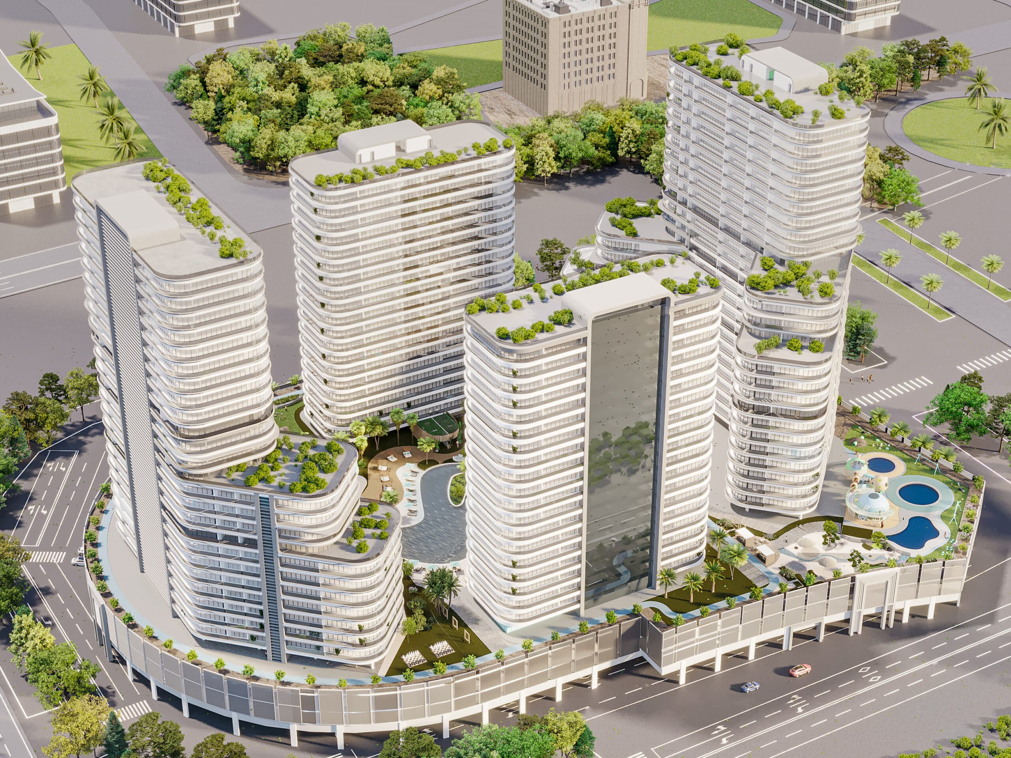 מבט אווירי על דירות CENTRAL Downtown — מגדלים לבנים מודרניים ומעוקלים עם צמחייה על הגגות, בריכות שחייה וחצרות מעוצבות — הממוקמות בין כבישים ועצים בסביבה עירונית. מבט אווירי על דירות CENTRAL Downtown — מגדלים לבנים מודרניים ומעוקלים עם צמחייה על הגגות, בריכות שחייה וחצרות מעוצבות — הממוקמות בין כבישים ועצים בסביבה עירונית.