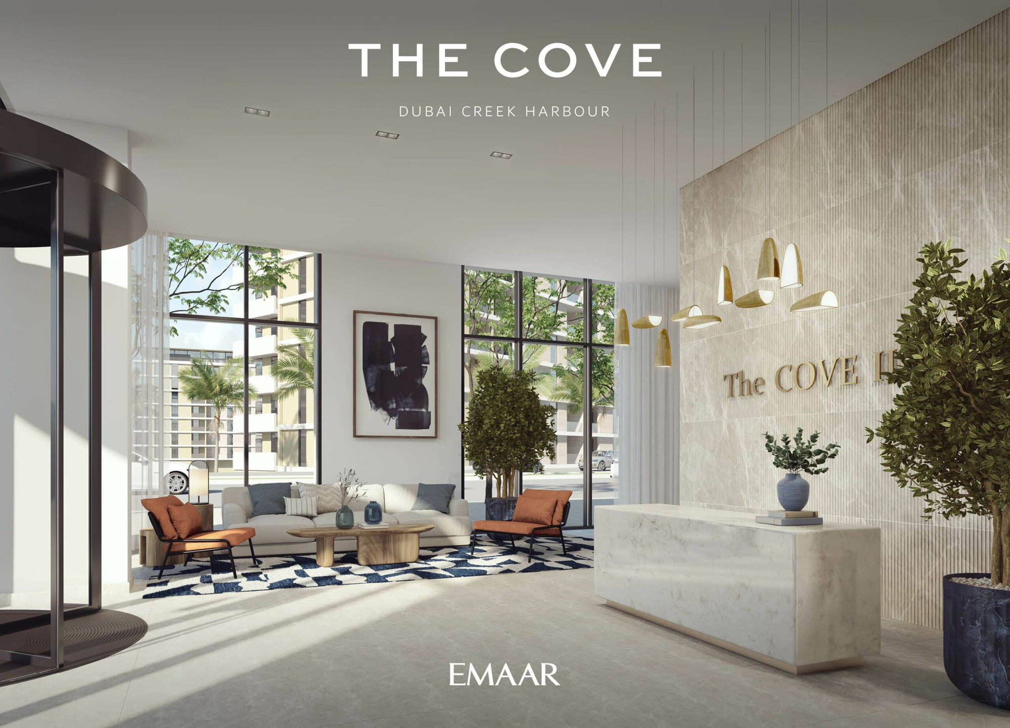 הלובי המודרני של “The Cove” בנמל דובאי קריק, מבית Emaar, כולל דלפק קבלה משיש, ריהוט עכשווי, מנורות תלייה, חלונות גדולים וצמחייה שופעת בחוץ. הלובי המודרני של "The Cove" בנמל דובאי קריק, מבית Emaar, כולל דלפק קבלה משיש, ריהוט עכשווי, מנורות תלייה, חלונות גדולים וצמחייה שופעת בחוץ.