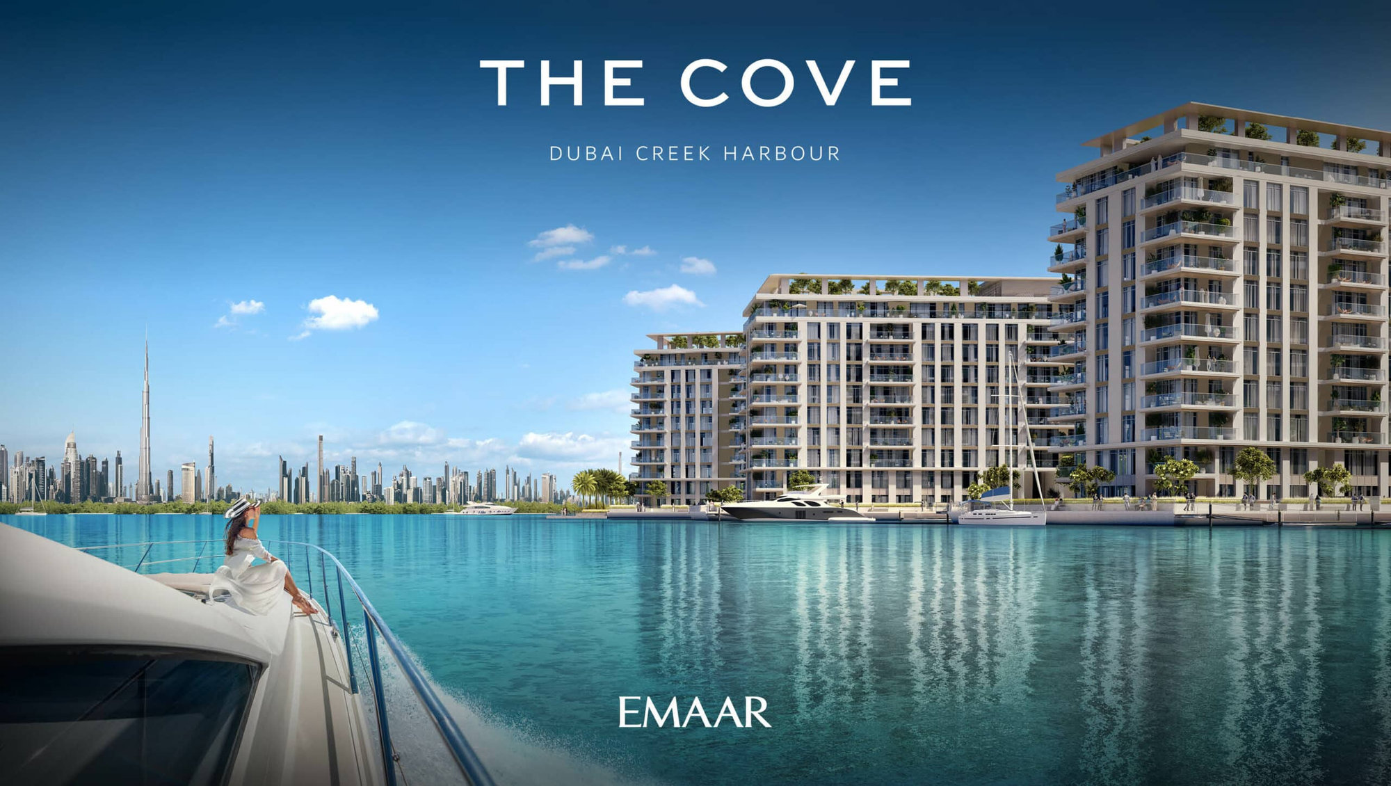פרויקט יוקרתי על קו המים בשם “The Cove at Dubai Creek Harbour”, המציג בנייני דירות מודרניים על שפת המים כשסירה מתקרבת אליהם, וברקע נראית קו הרקיע של דובאי, כולל בורג’ חליפה. פרויקט יוקרתי על קו המים בשם "The Cove at Dubai Creek Harbour", המציג בנייני דירות מודרניים על שפת המים כשסירה מתקרבת אליהם, וברקע נראית קו הרקיע של דובאי, כולל בורג' חליפה.
